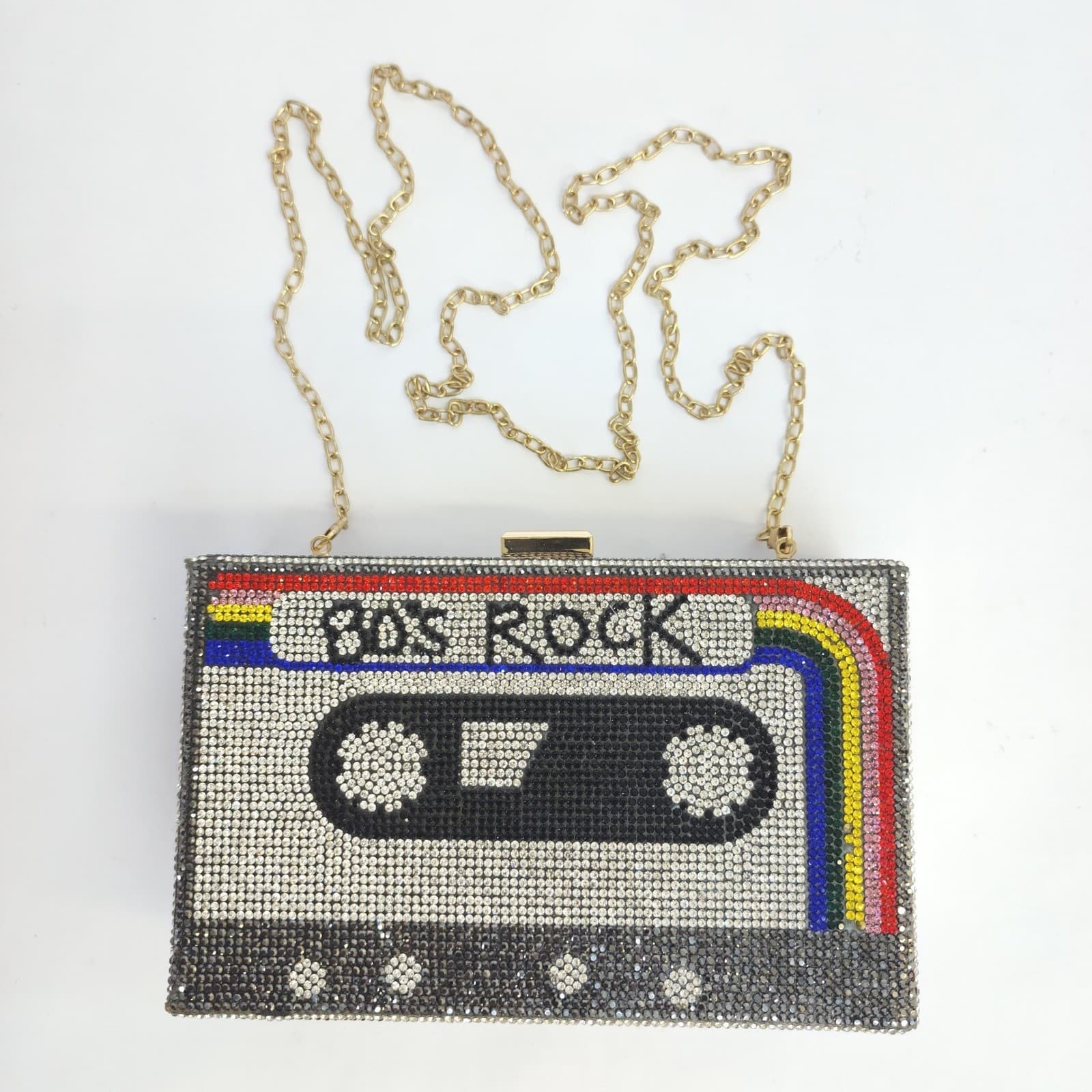 80s Rock Cassette Tape Rhinestone Box Clutch Bag Crystal Minaudiere Retro