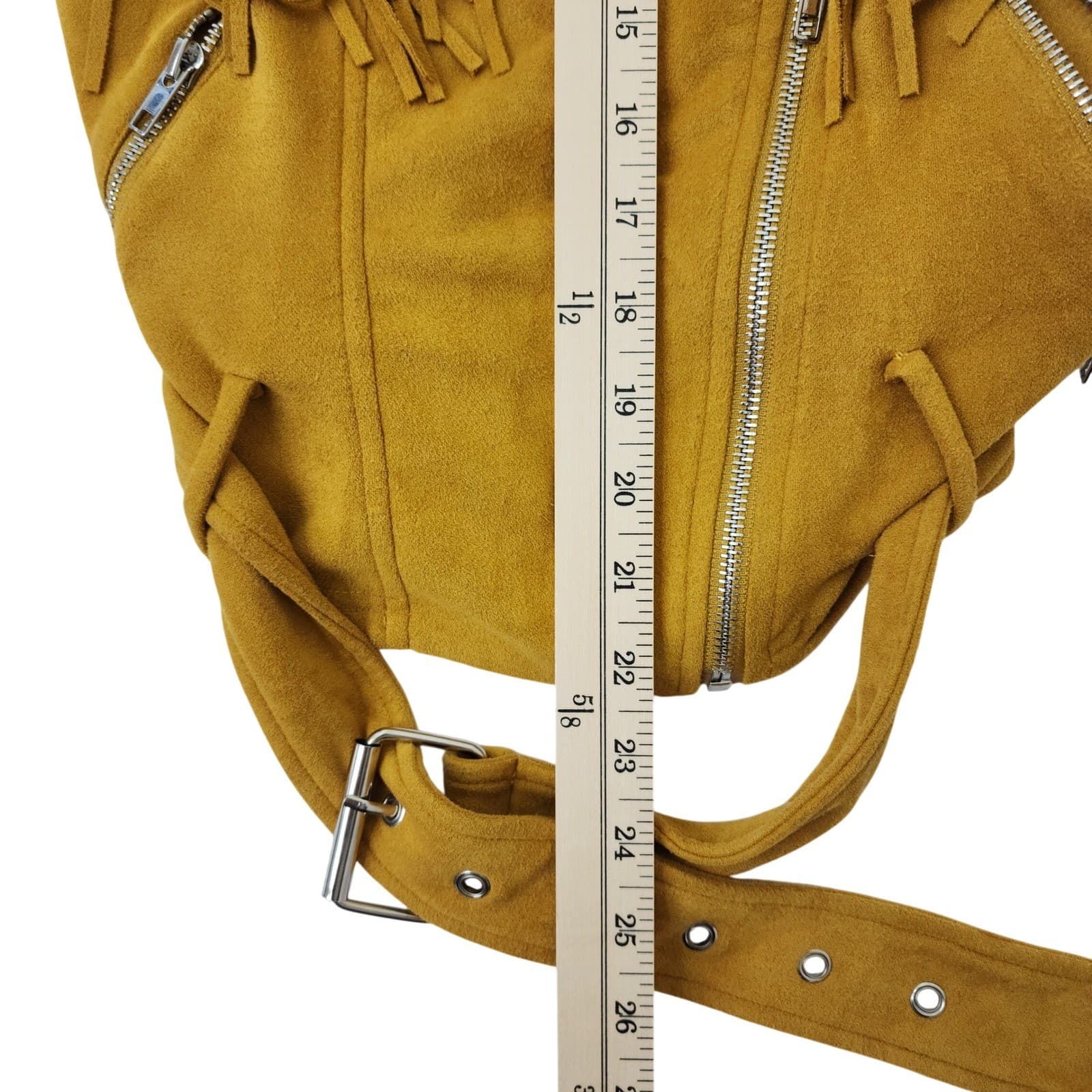 Main Strip Womens Mustard Yellow Faux Suede Fringe Moto Jacket Size M Belted - Thumbnail 4