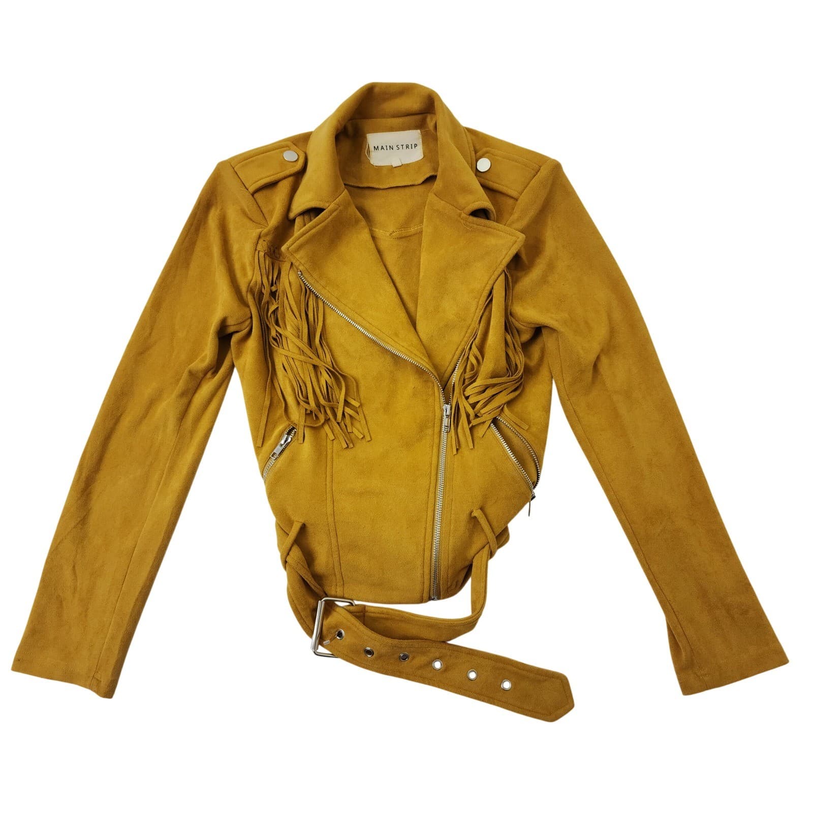 Main Strip Womens Mustard Yellow Faux Suede Fringe Moto Jacket Size M Belted