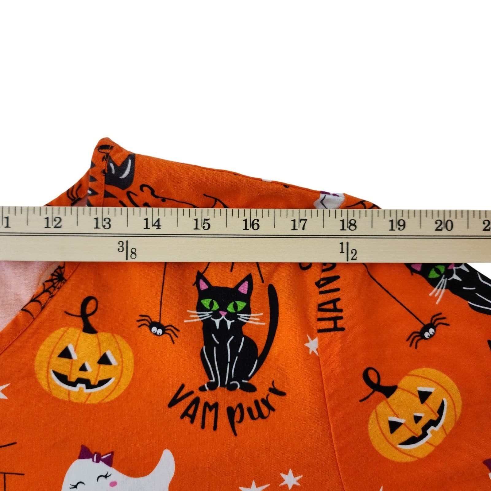 Halloween Scrub Top Orange Black Cat Ghost Pumpkin V-Neck Medical Uniform XL - Thumbnail 3