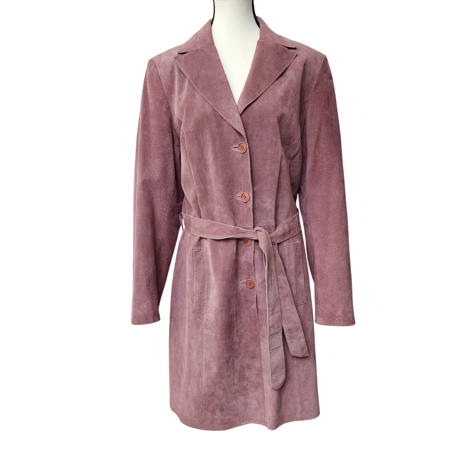 Janeville Womens XL Mauve Pink Suede Leather Belted Trench Coat Jacket Mid