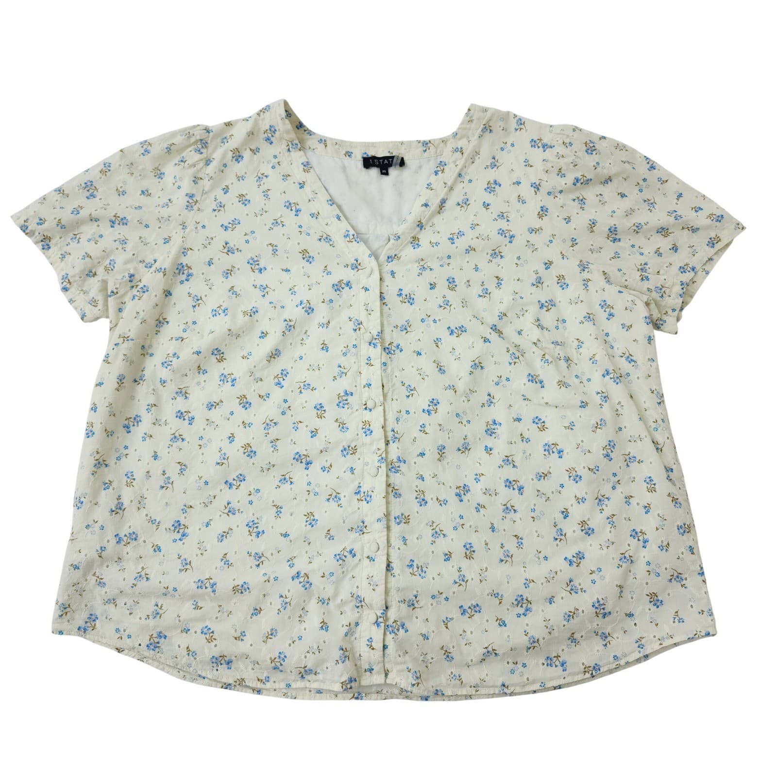 1.STATE Womens 2X Blue Floral Eyelet Button Front V-Neck Short Sleeve Blouse