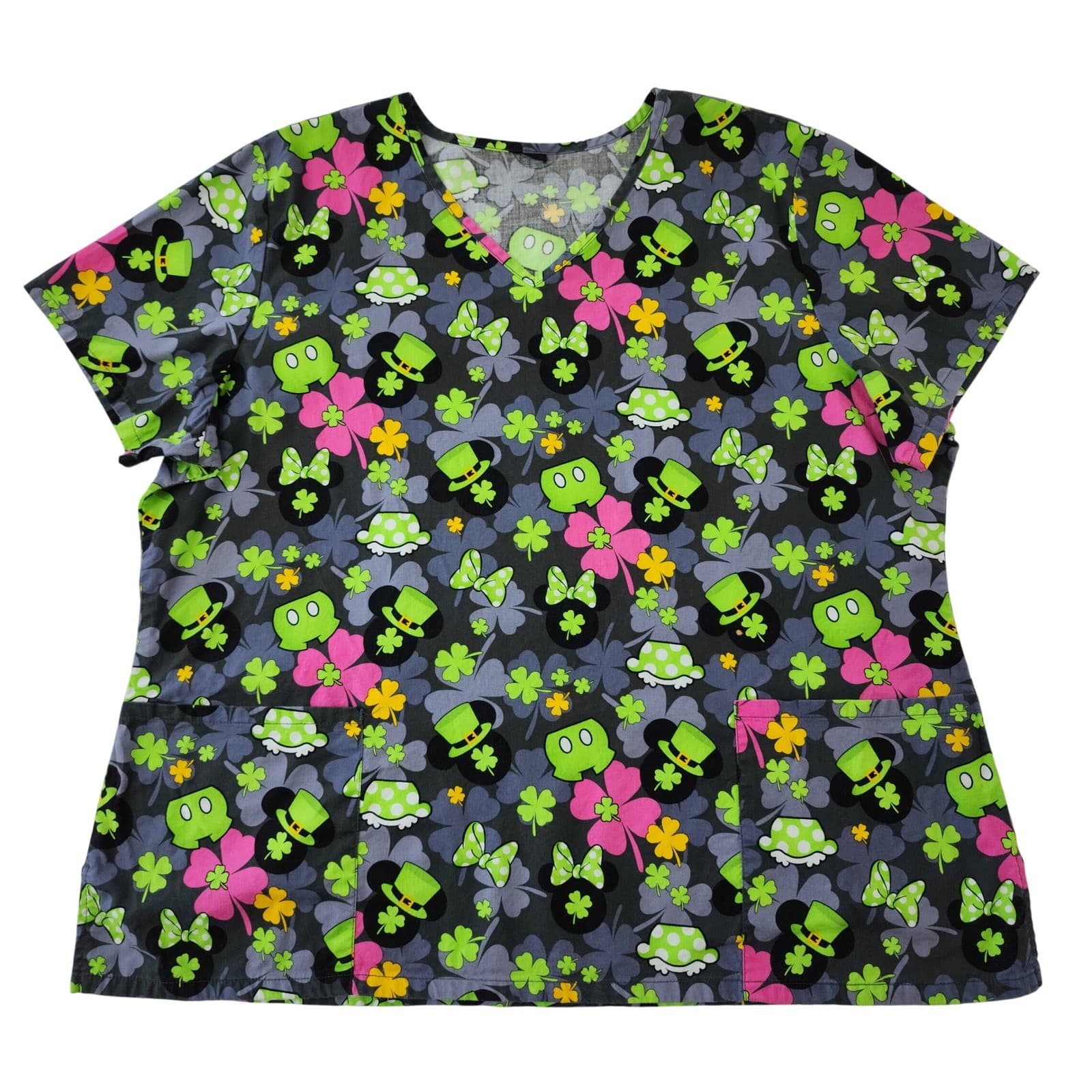 Disney Mickey Minnie St Patricks Day Scrub Top V-Neck Grey Green Pink XL