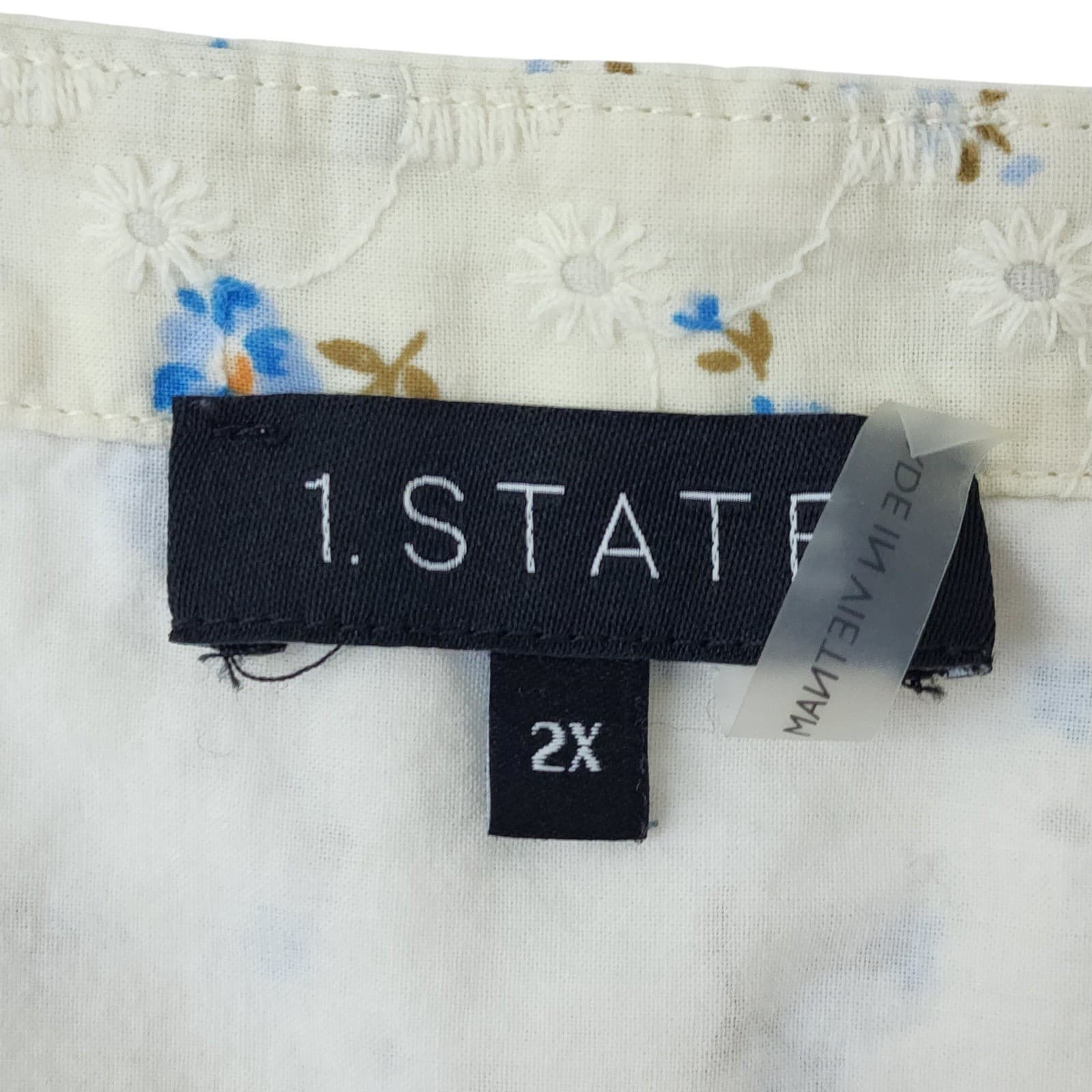 1.STATE Womens 2X Blue Floral Eyelet Button Front V-Neck Short Sleeve Blouse - Thumbnail 3