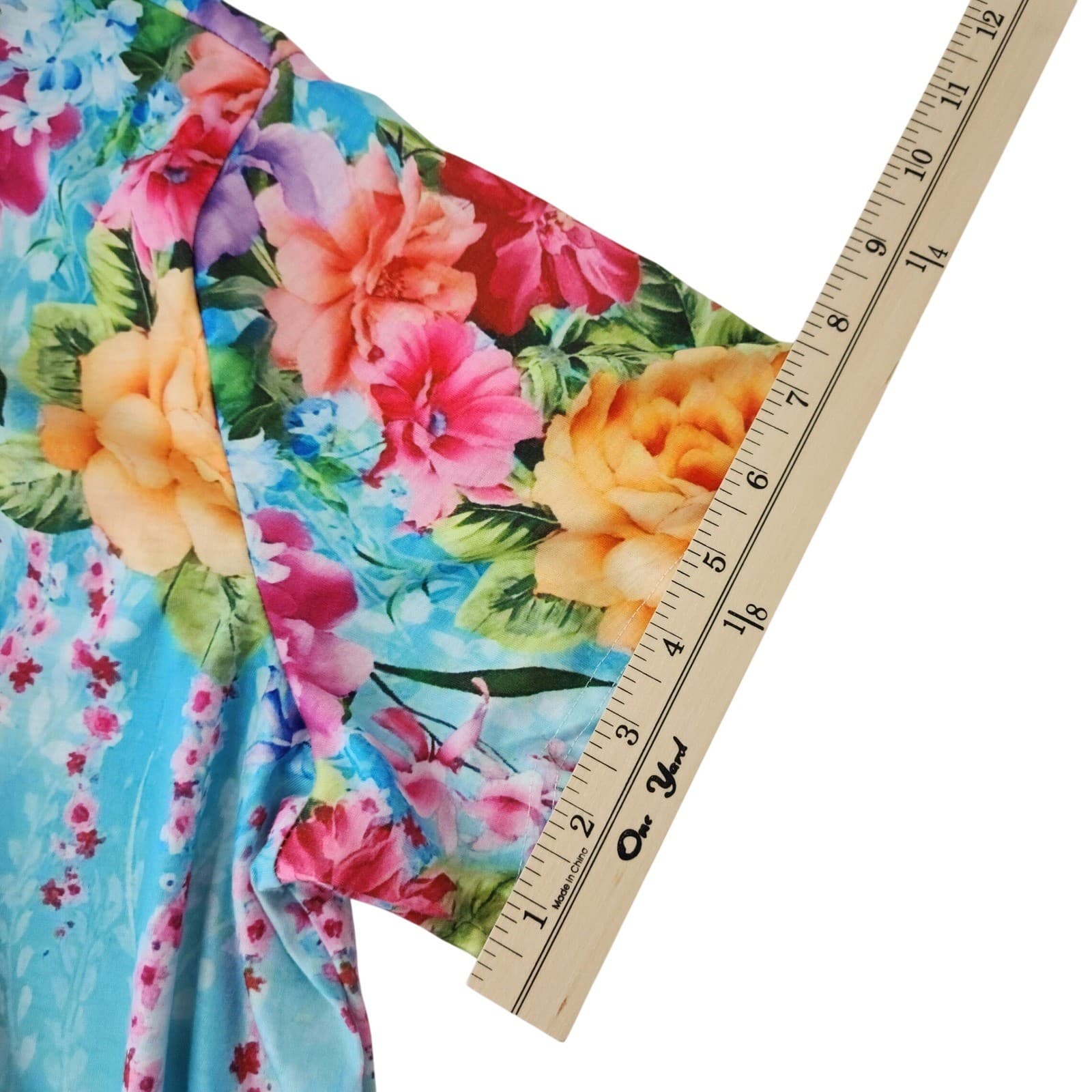 Floral V-Neck T-Shirt Dress Blue Pink 1XL Short Sleeve A-Line Mini - Thumbnail 7