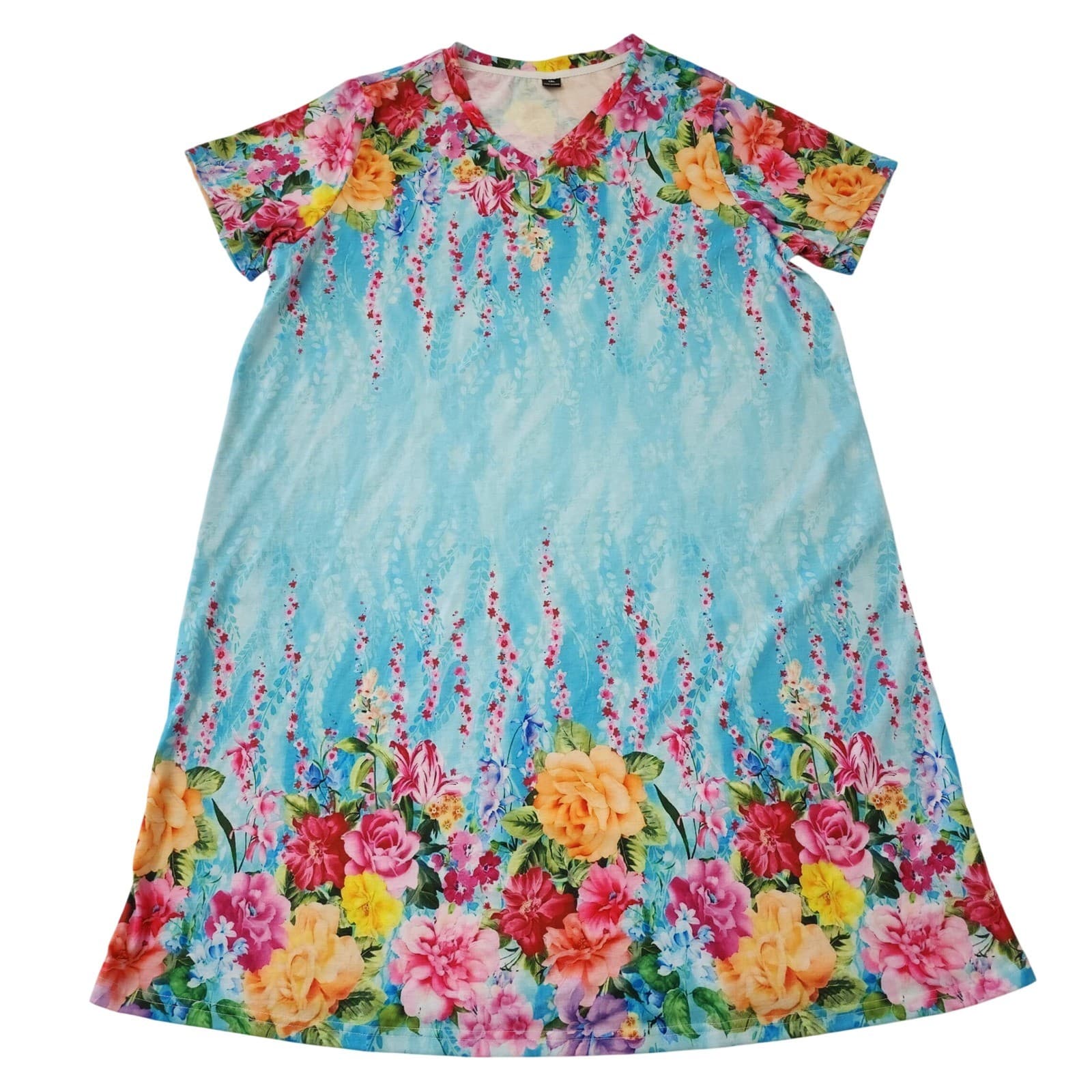 Floral V-Neck T-Shirt Dress Blue Pink 1XL Short Sleeve A-Line Mini