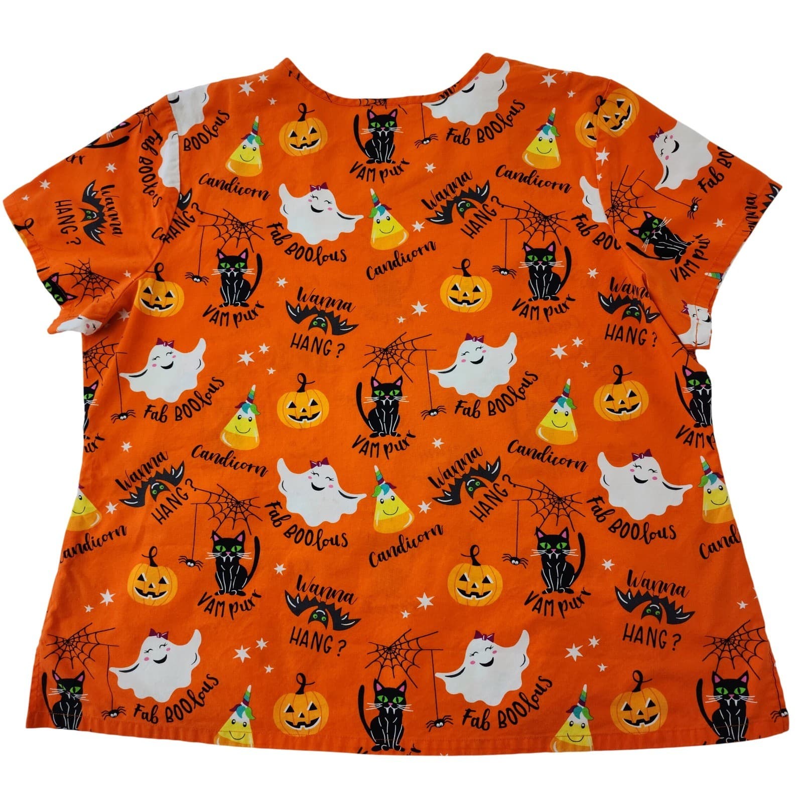 Halloween Scrub Top Orange Black Cat Ghost Pumpkin V-Neck Medical Uniform XL - Thumbnail 2