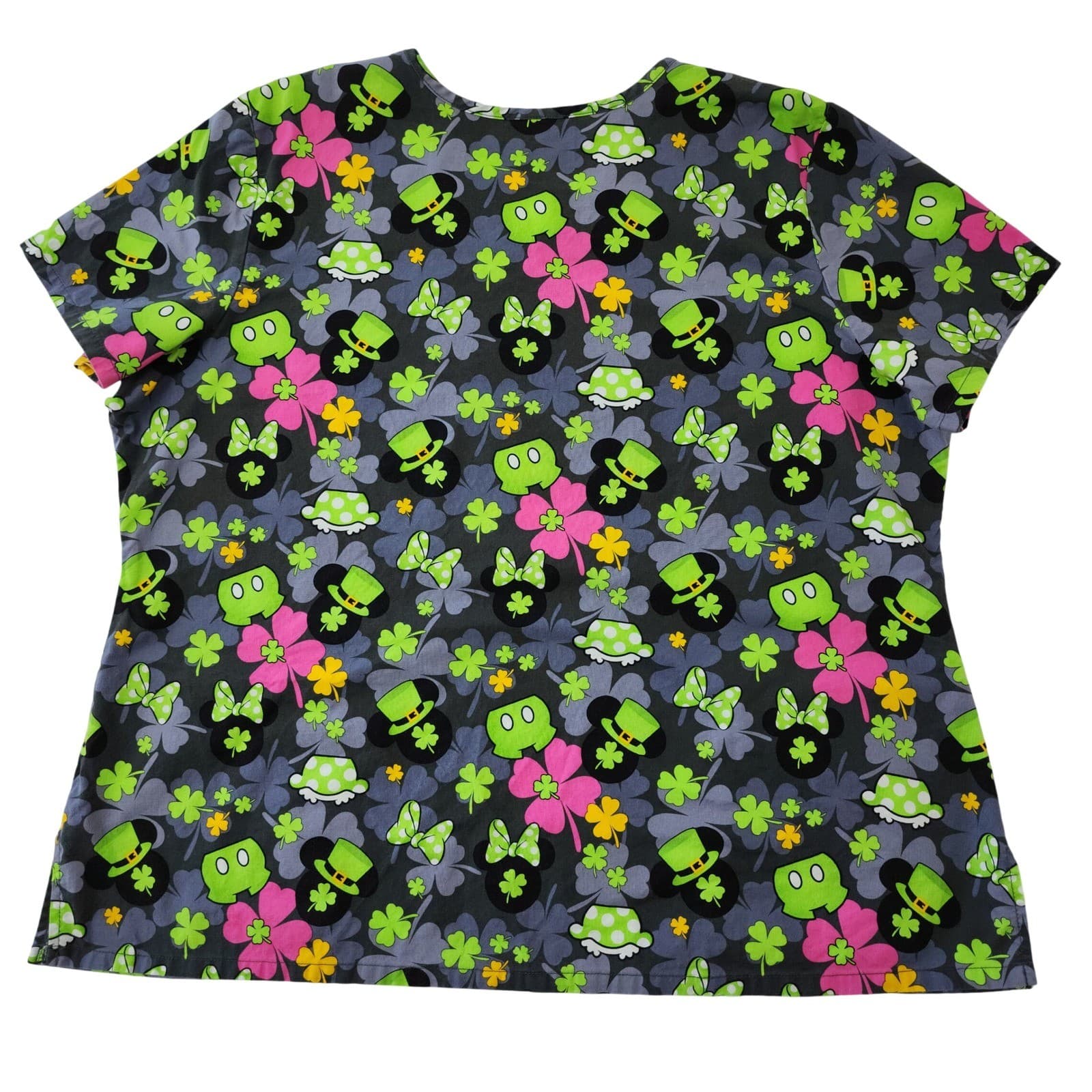 Disney Mickey Minnie St Patricks Day Scrub Top V-Neck Grey Green Pink XL - Thumbnail 2