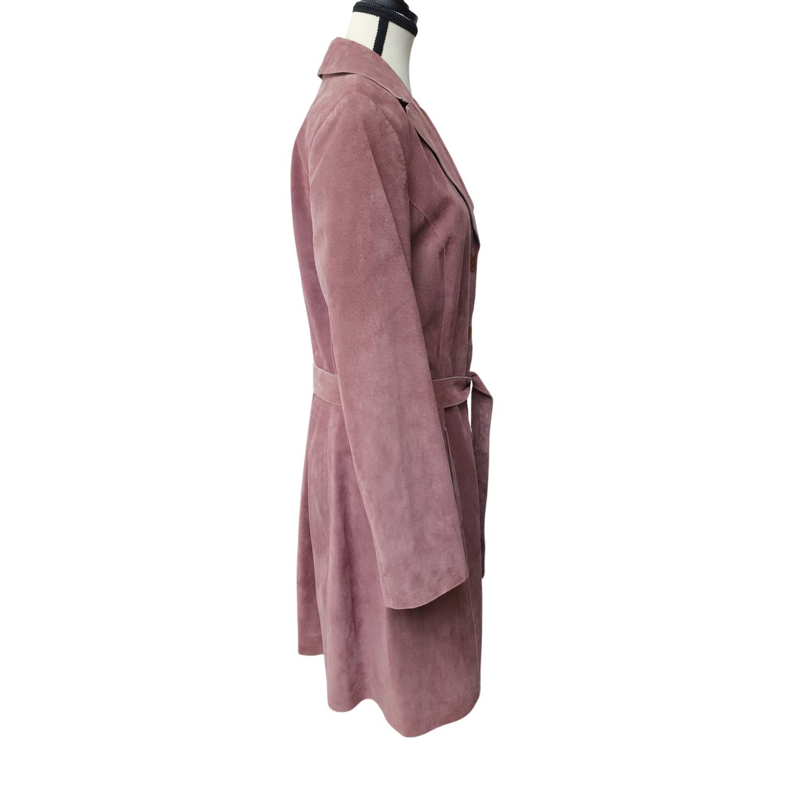 Janeville Womens XL Mauve Pink Suede Leather Belted Trench Coat Jacket Mid - Thumbnail 4