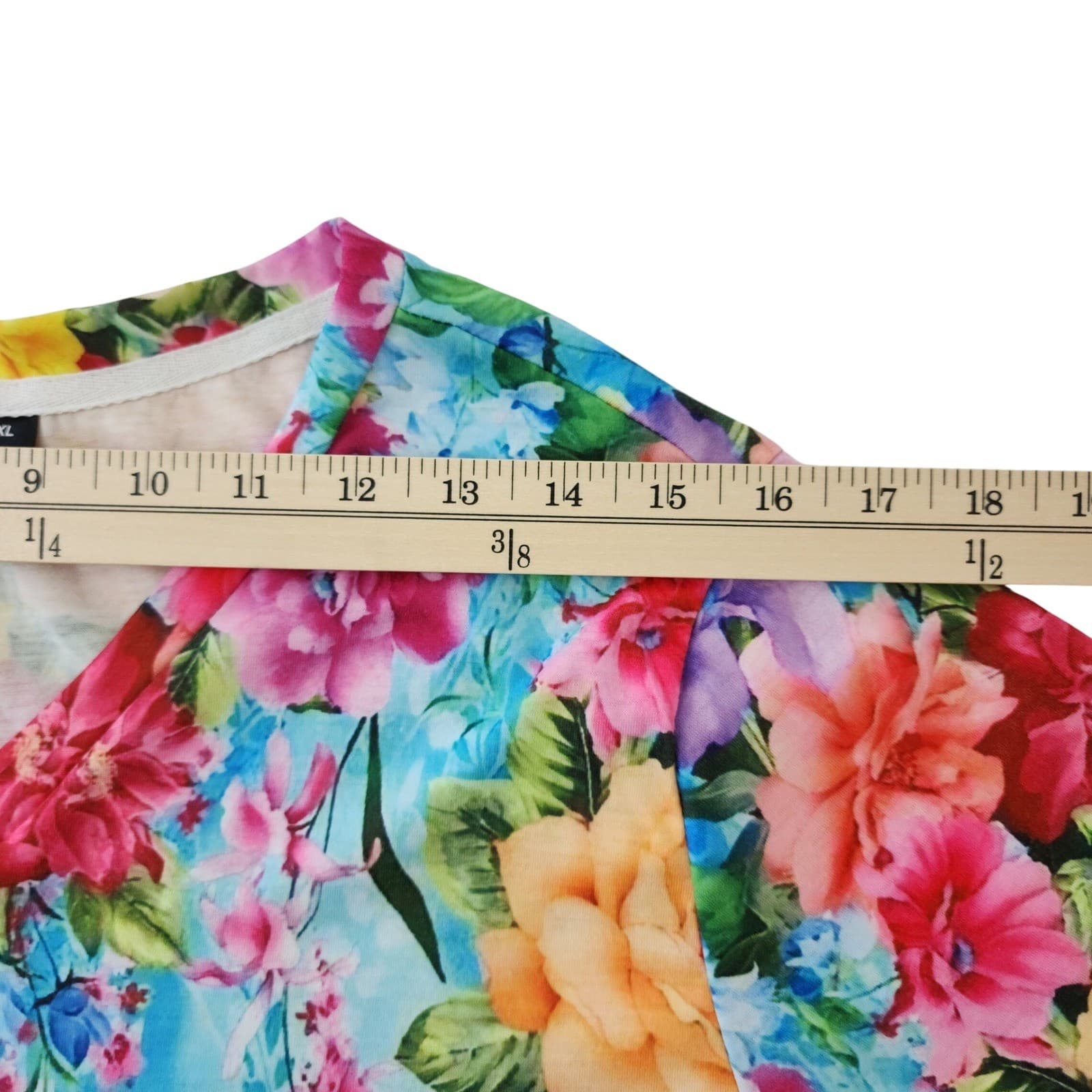 Floral V-Neck T-Shirt Dress Blue Pink 1XL Short Sleeve A-Line Mini - Thumbnail 4