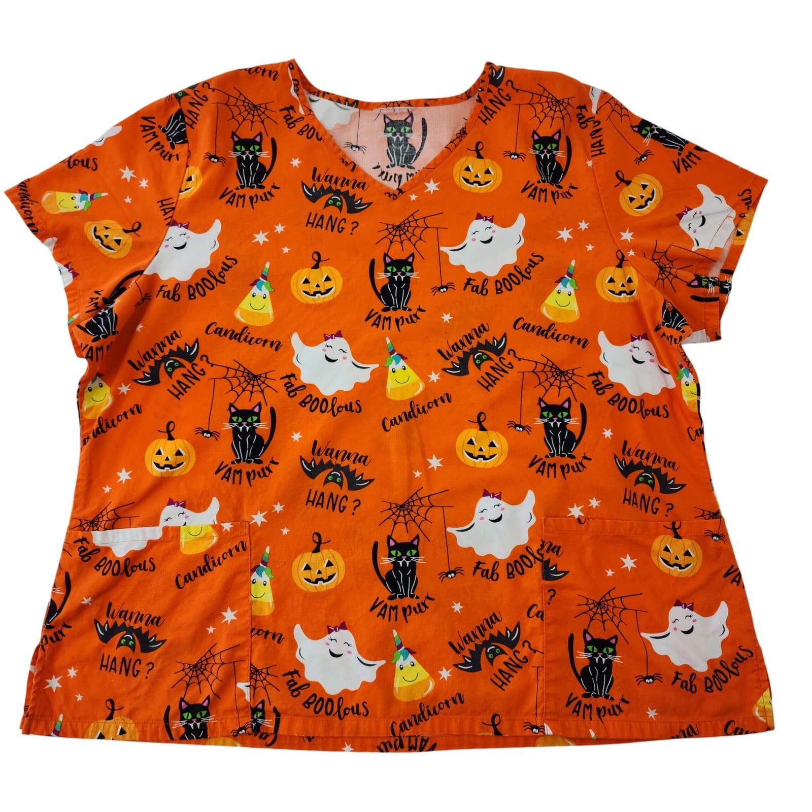 Halloween Scrub Top Orange Black Cat Ghost Pumpkin V-Neck Medical Uniform XL