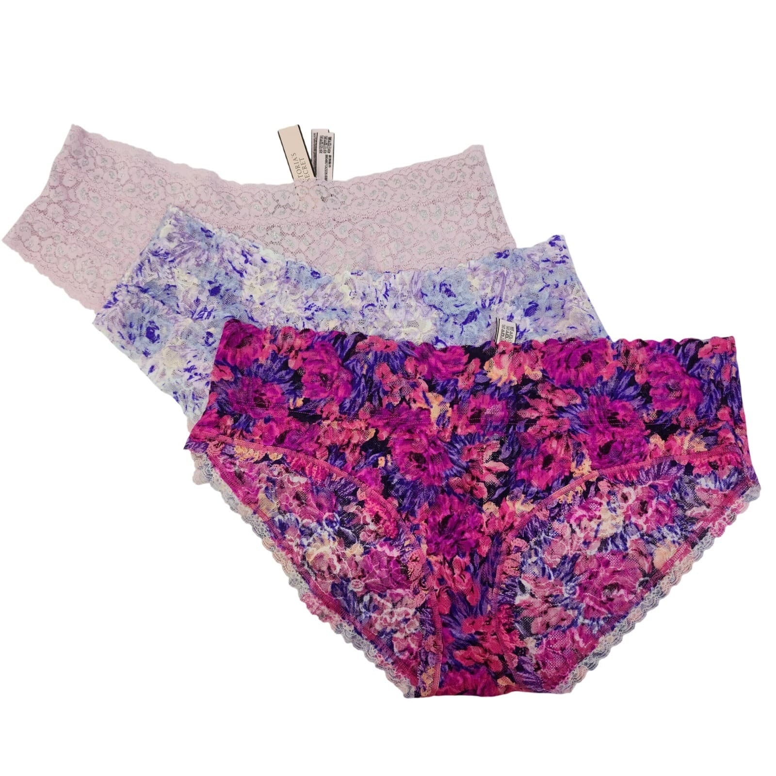 Victoria's Secret Lace Panties Lot of 3 Floral Pink Purple Silver Large NWT