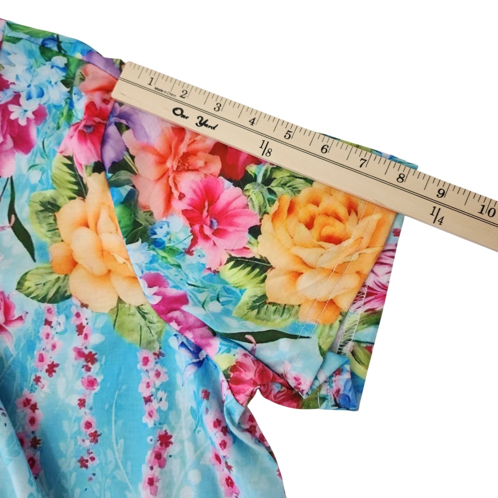 Floral V-Neck T-Shirt Dress Blue Pink 1XL Short Sleeve A-Line Mini - Thumbnail 5