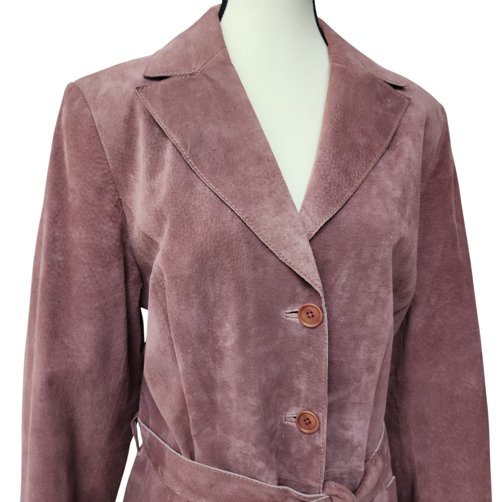 Janeville Womens XL Mauve Pink Suede Leather Belted Trench Coat Jacket Mid - Thumbnail 6