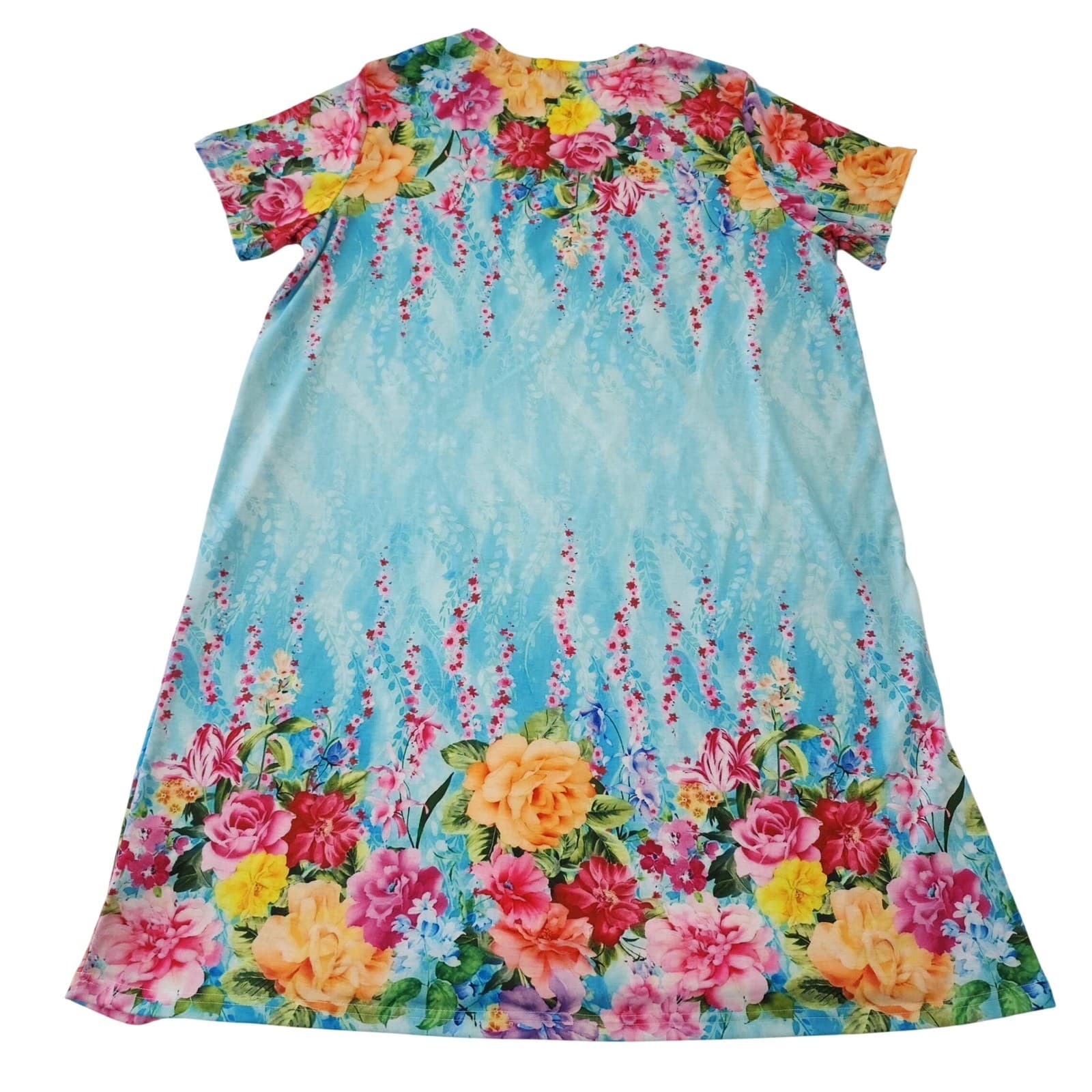 Floral V-Neck T-Shirt Dress Blue Pink 1XL Short Sleeve A-Line Mini - Thumbnail 2