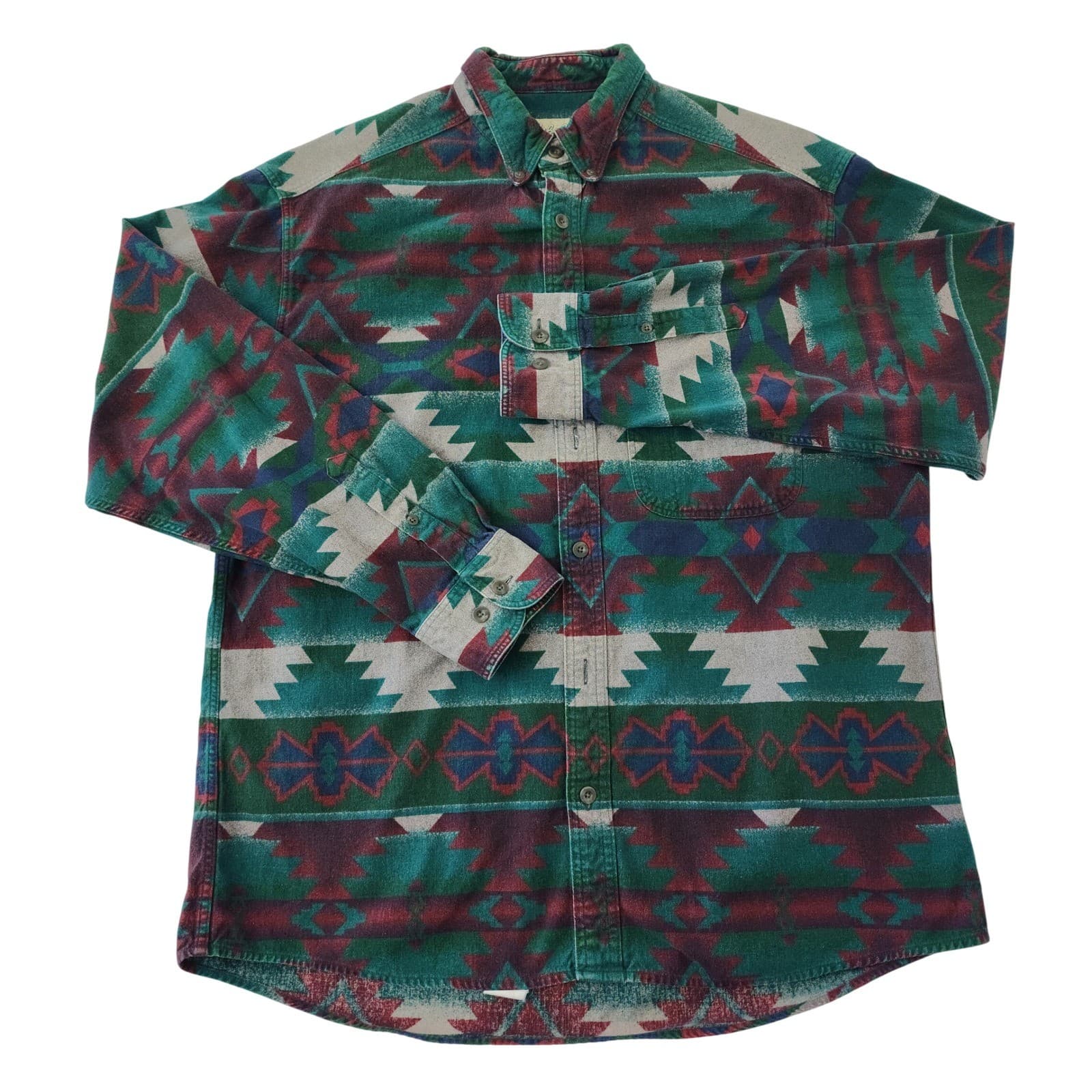 Cabelas Mens Large Southwestern Geometric Flannel Button Down Shirt Green Multi