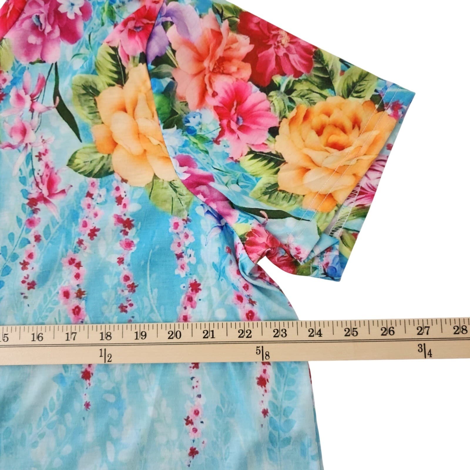 Floral V-Neck T-Shirt Dress Blue Pink 1XL Short Sleeve A-Line Mini - Thumbnail 6