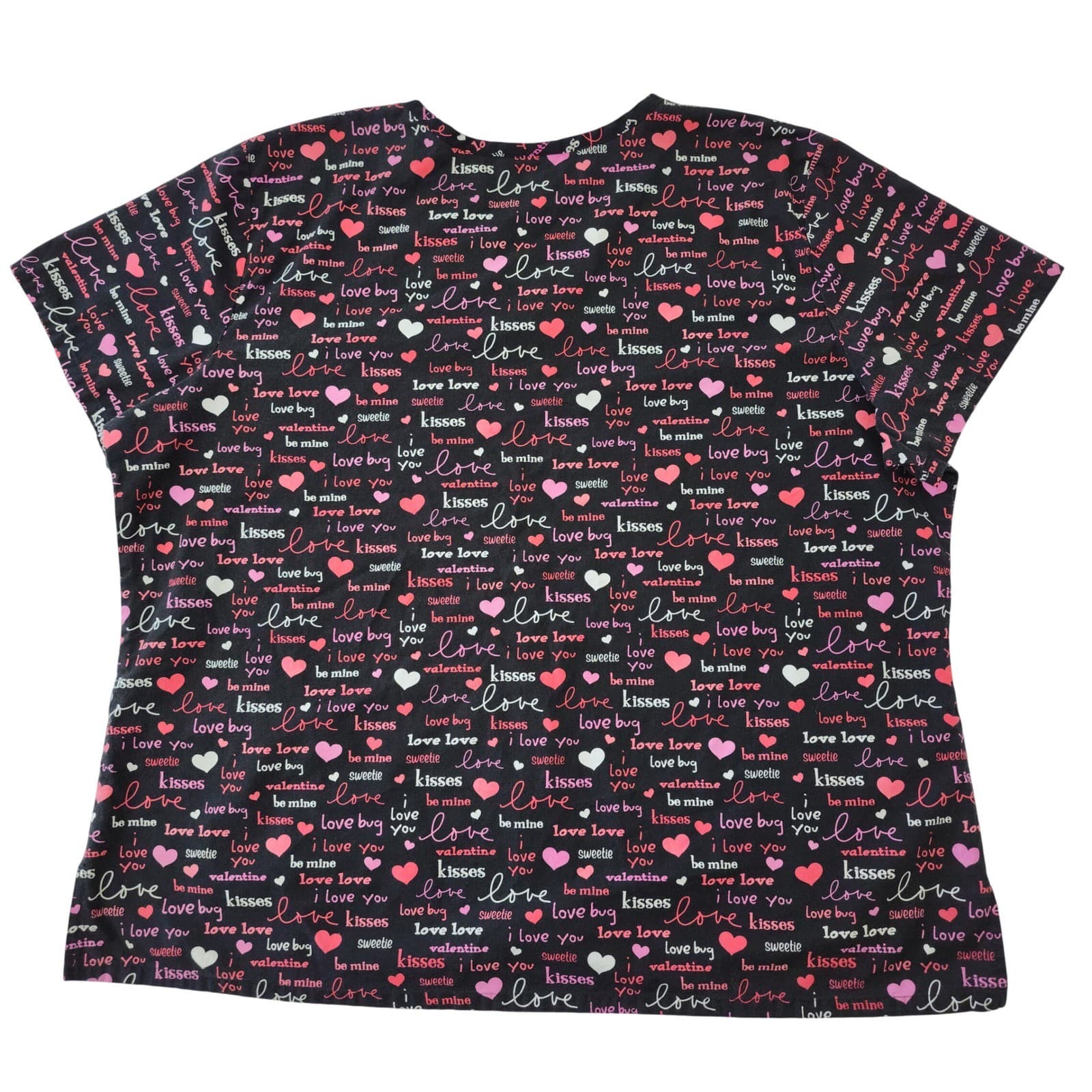 Valentines Day Hearts Love Script V-Neck Scrub Top Black Pink XL - Thumbnail 2