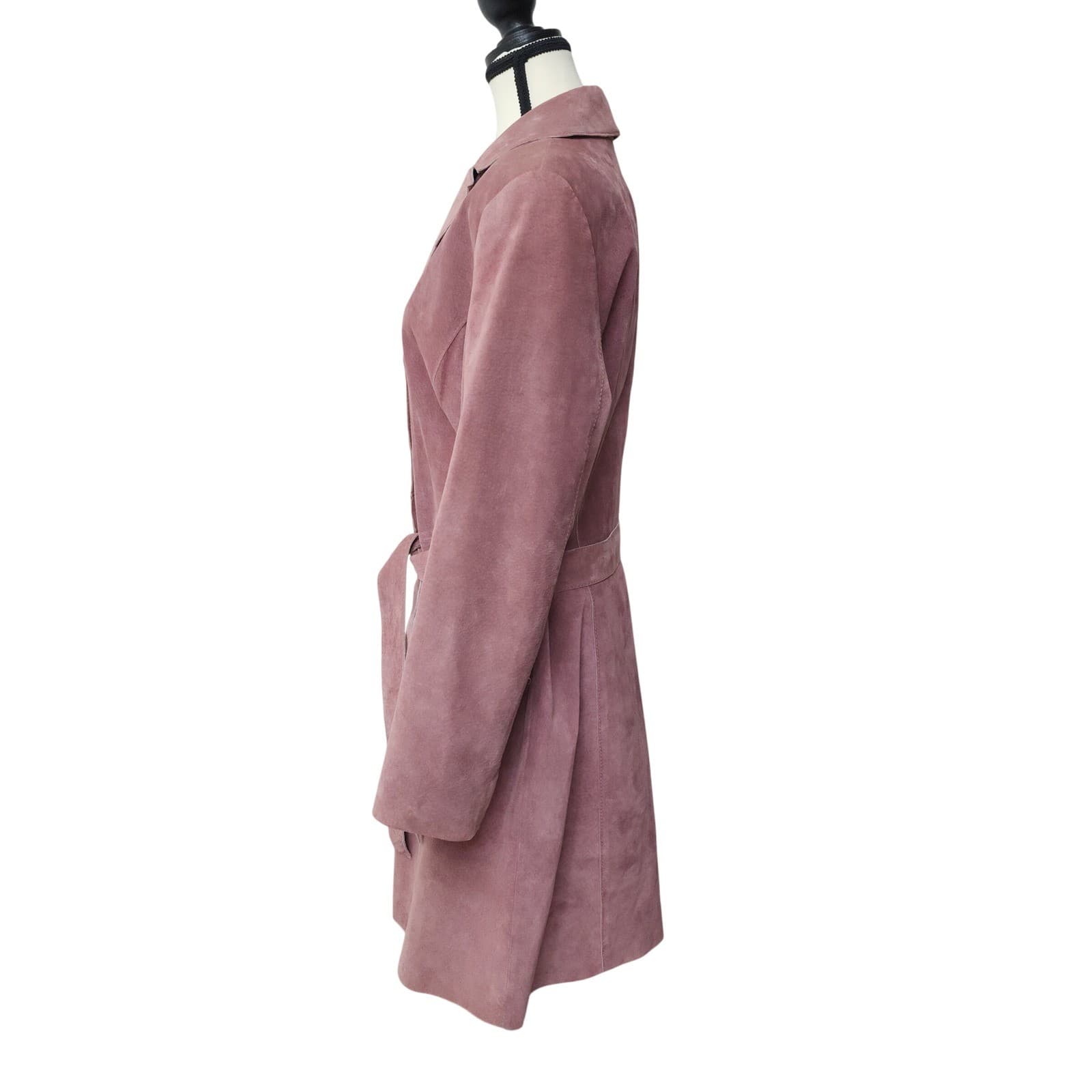 Janeville Womens XL Mauve Pink Suede Leather Belted Trench Coat Jacket Mid - Thumbnail 5