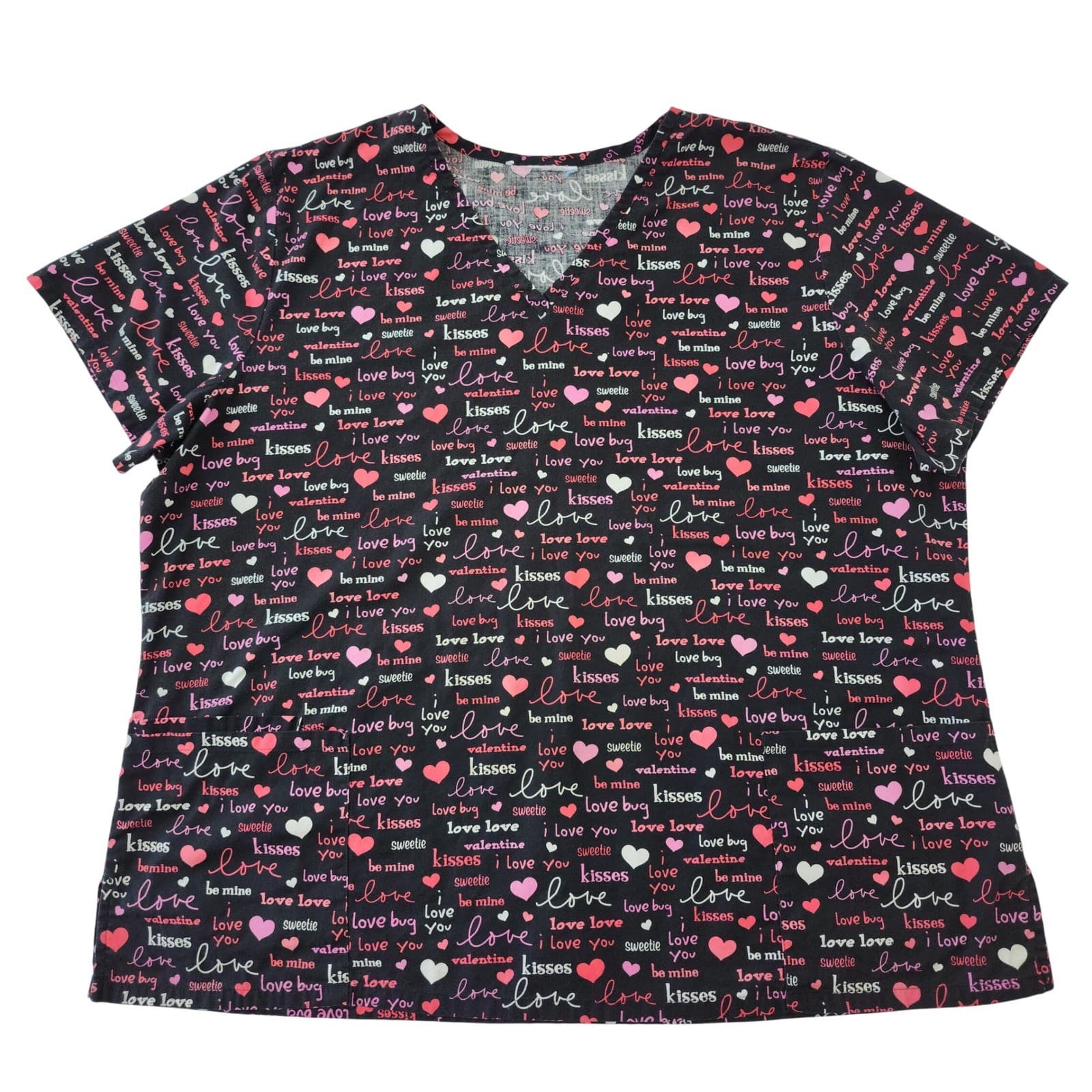 Valentines Day Hearts Love Script V-Neck Scrub Top Black Pink XL