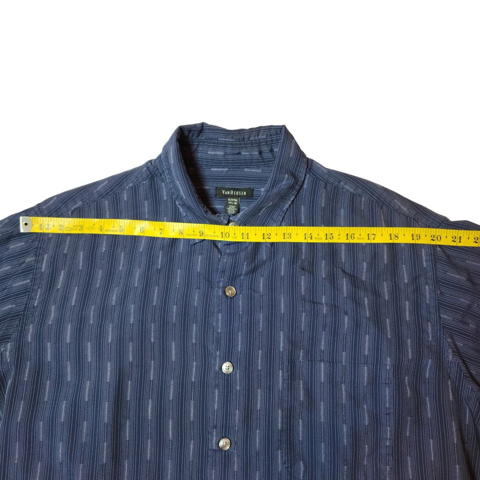 Van Heusen Mens XLT Tall Navy Blue Textured Vertical Stripe Short Sleeve Shirt - Thumbnail 4