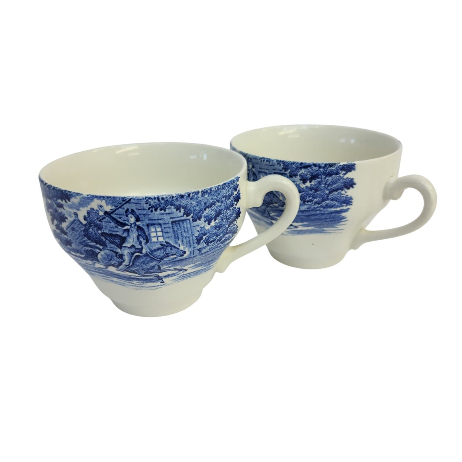 Vintage England Blue White Transferware Tea Cups Paul Revere Midnight RideSet 2
