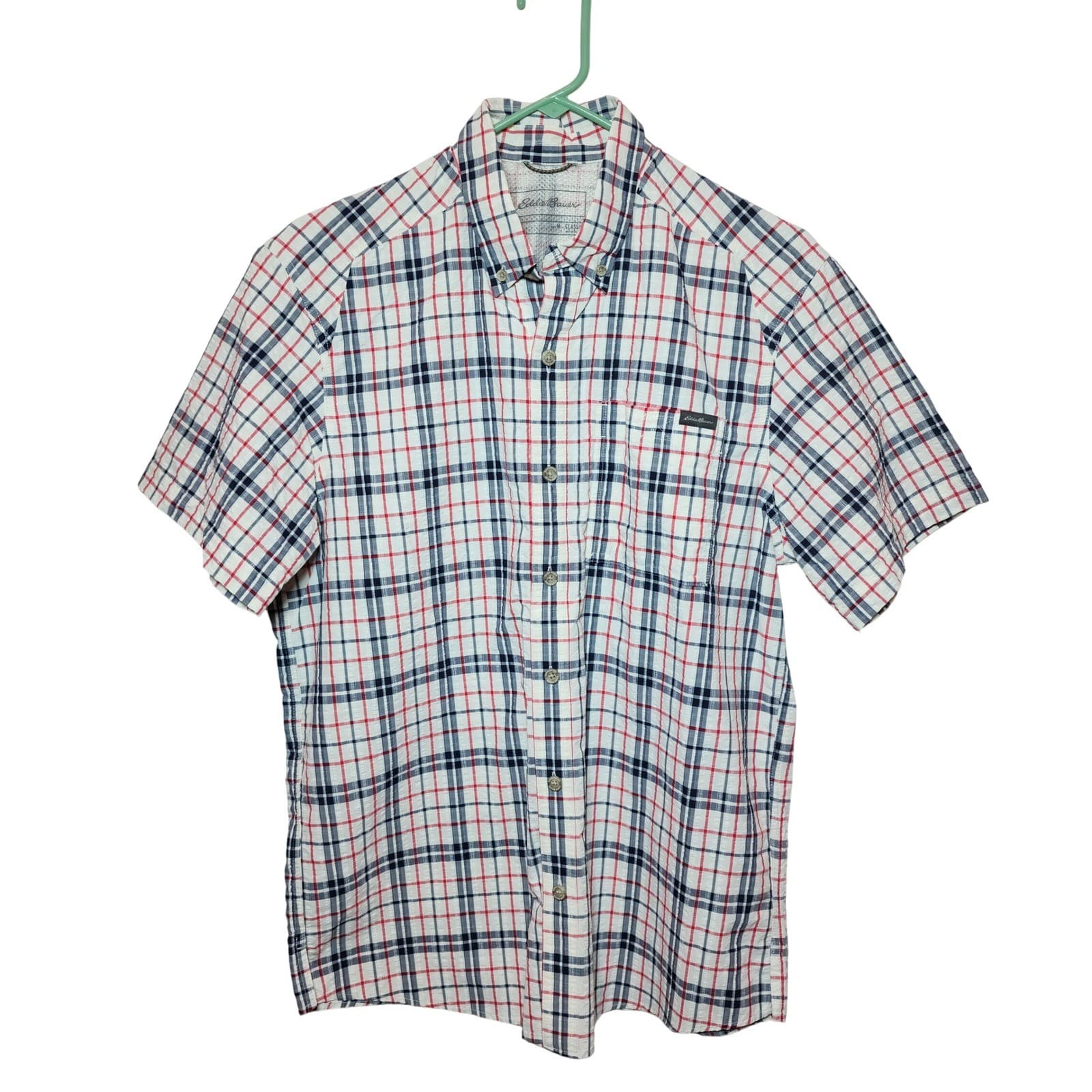 Eddie Bauer Mens M Classic Fit Short Sleeve Plaid Button Down Shirt Navy Red