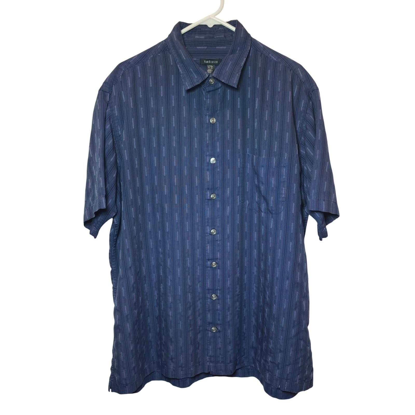 Van Heusen Mens XLT Tall Navy Blue Textured Vertical Stripe Short Sleeve Shirt
