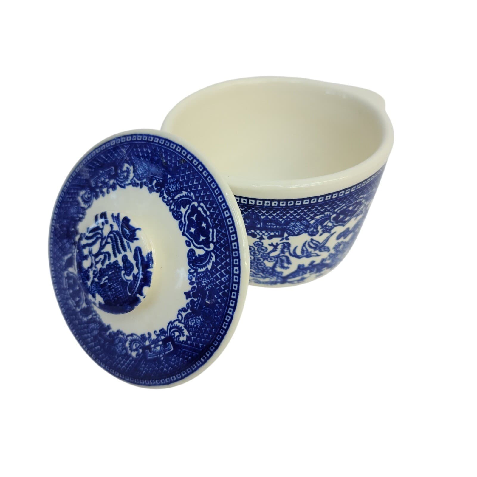 Vintage Blue Willow Cream and Sugar Set Blue White Transferware Ceramic - Thumbnail 5