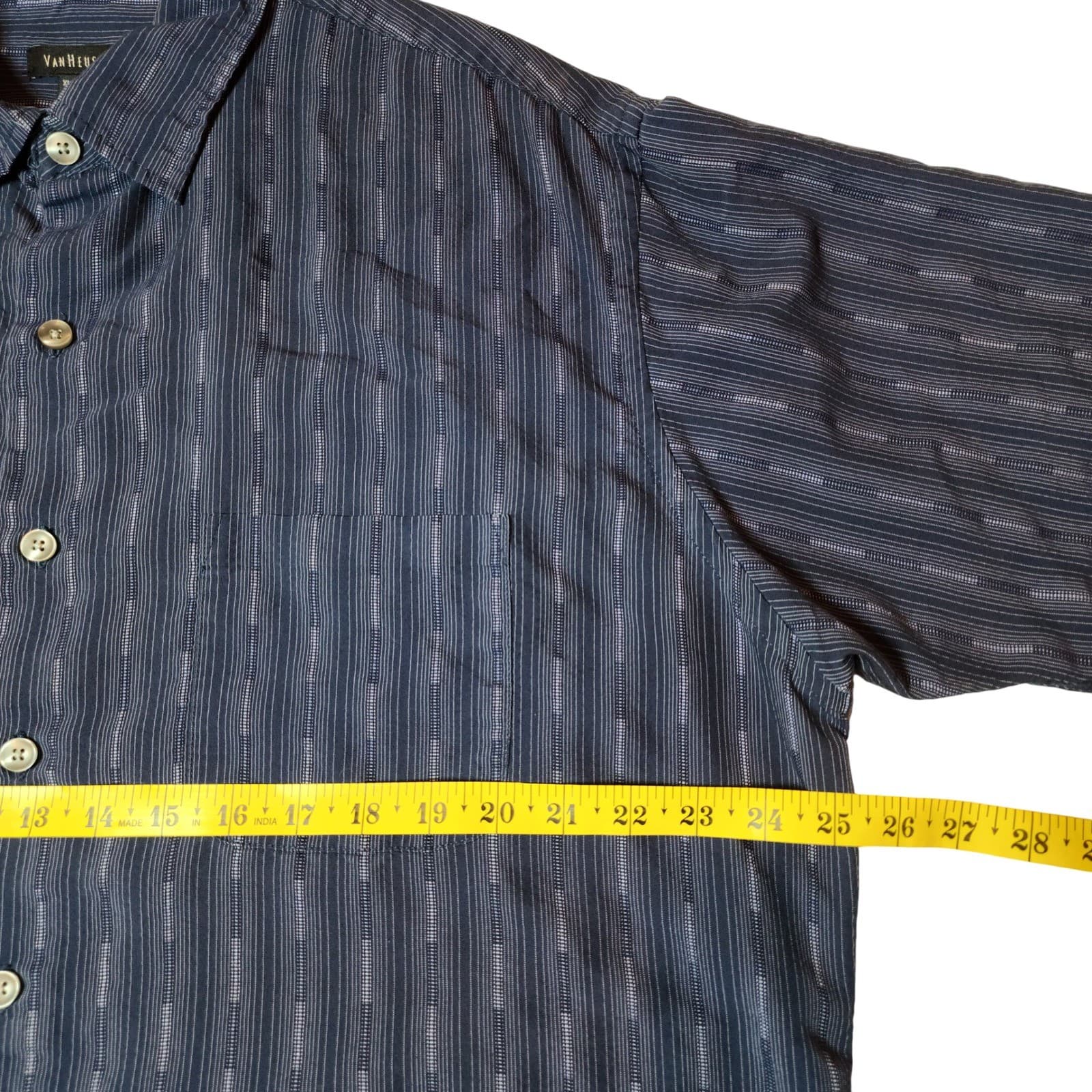 Van Heusen Mens XLT Tall Navy Blue Textured Vertical Stripe Short Sleeve Shirt - Thumbnail 5
