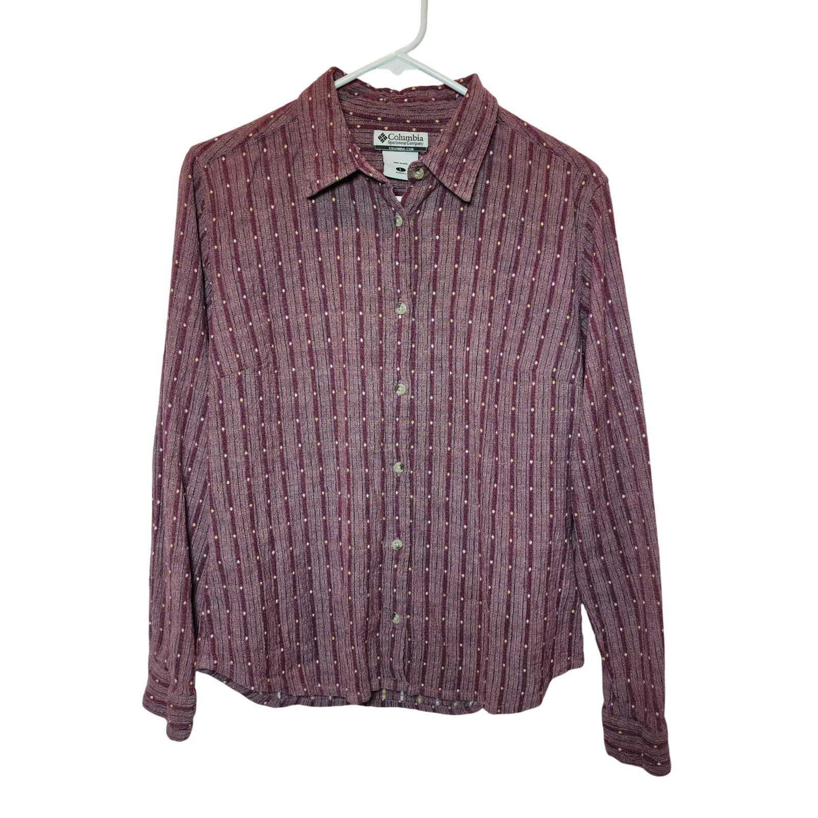 Columbia Women's Large Button Down Shirt Maroon Striped dot Long Sleeve