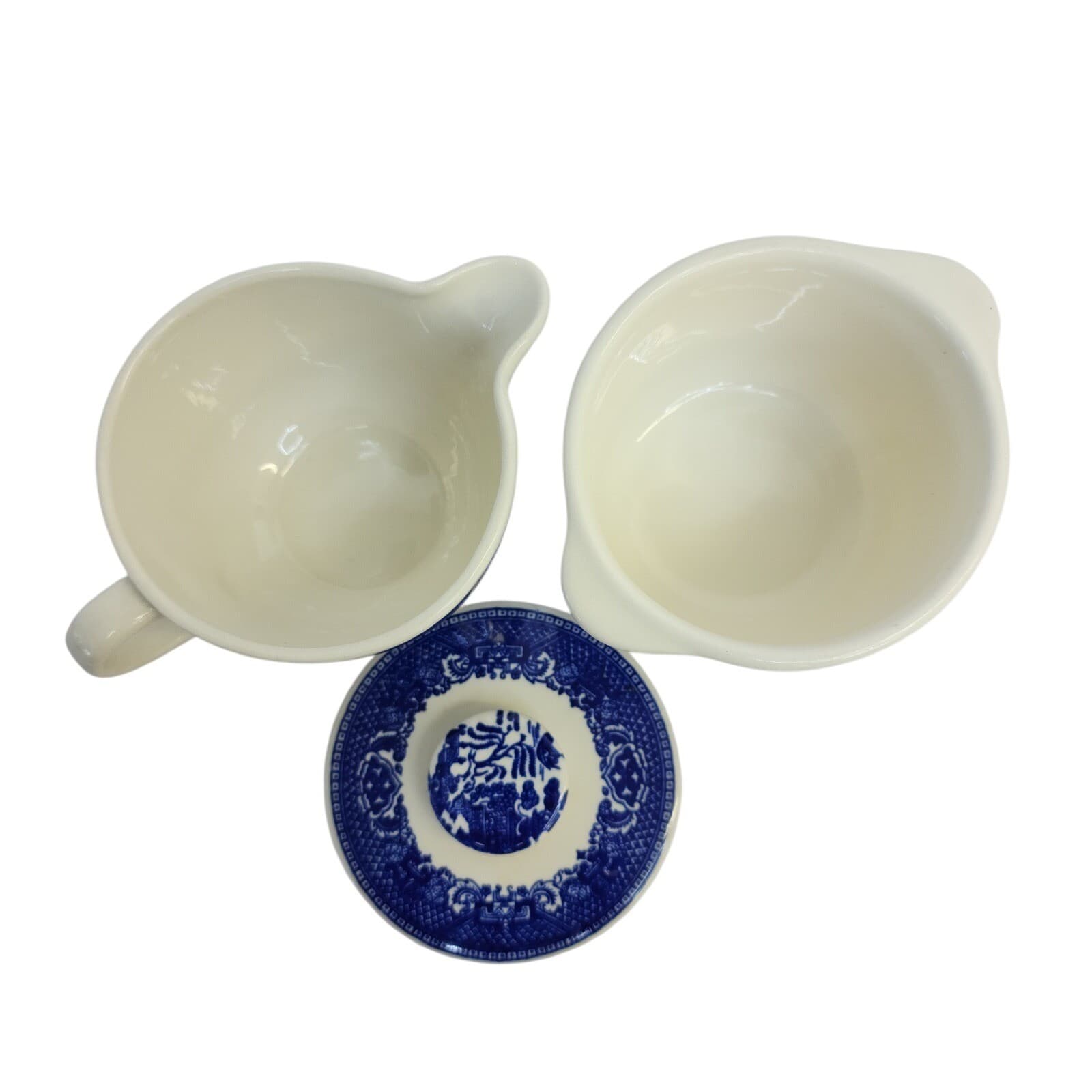 Vintage Blue Willow Cream and Sugar Set Blue White Transferware Ceramic - Thumbnail 6
