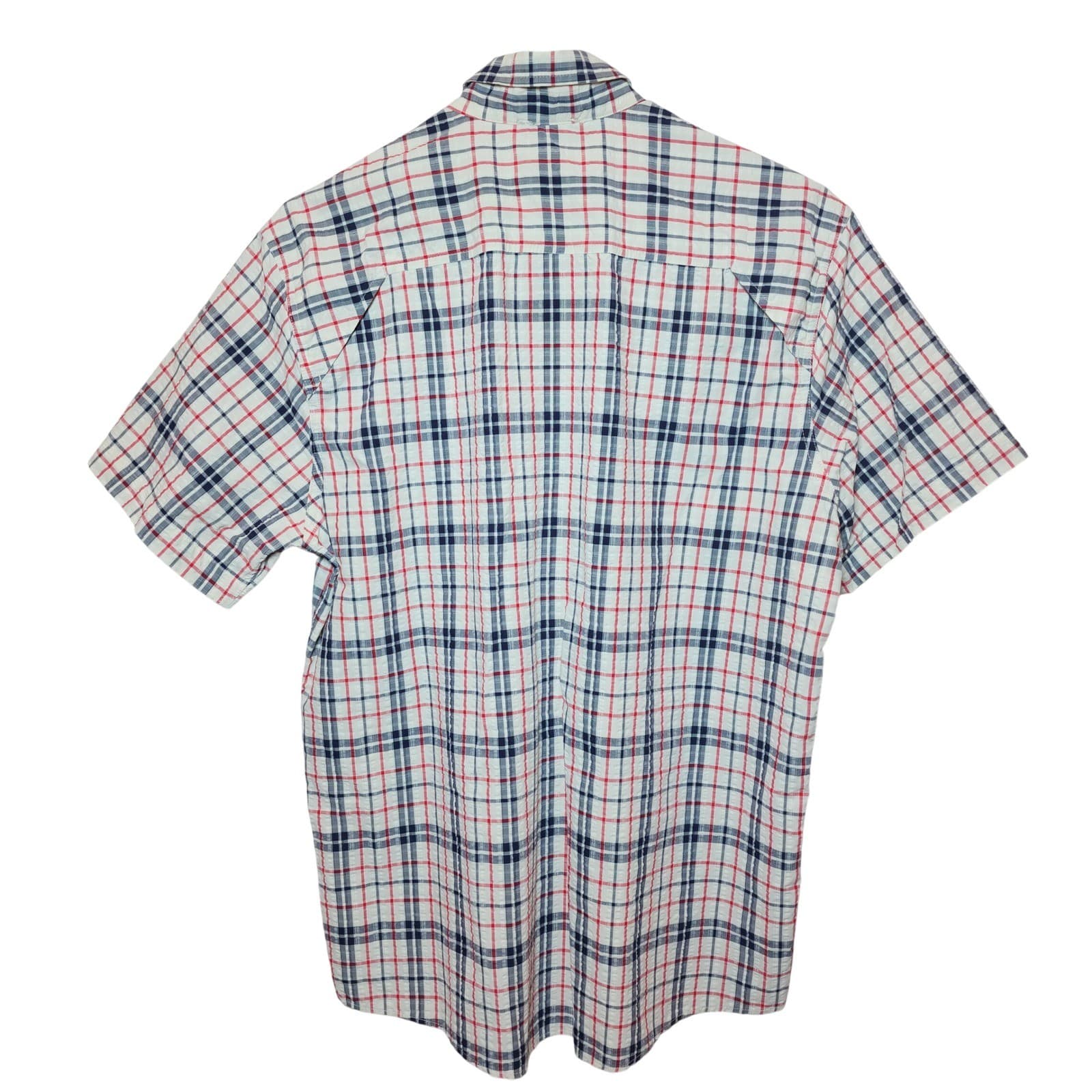 Eddie Bauer Mens M Classic Fit Short Sleeve Plaid Button Down Shirt Navy Red - Thumbnail 2