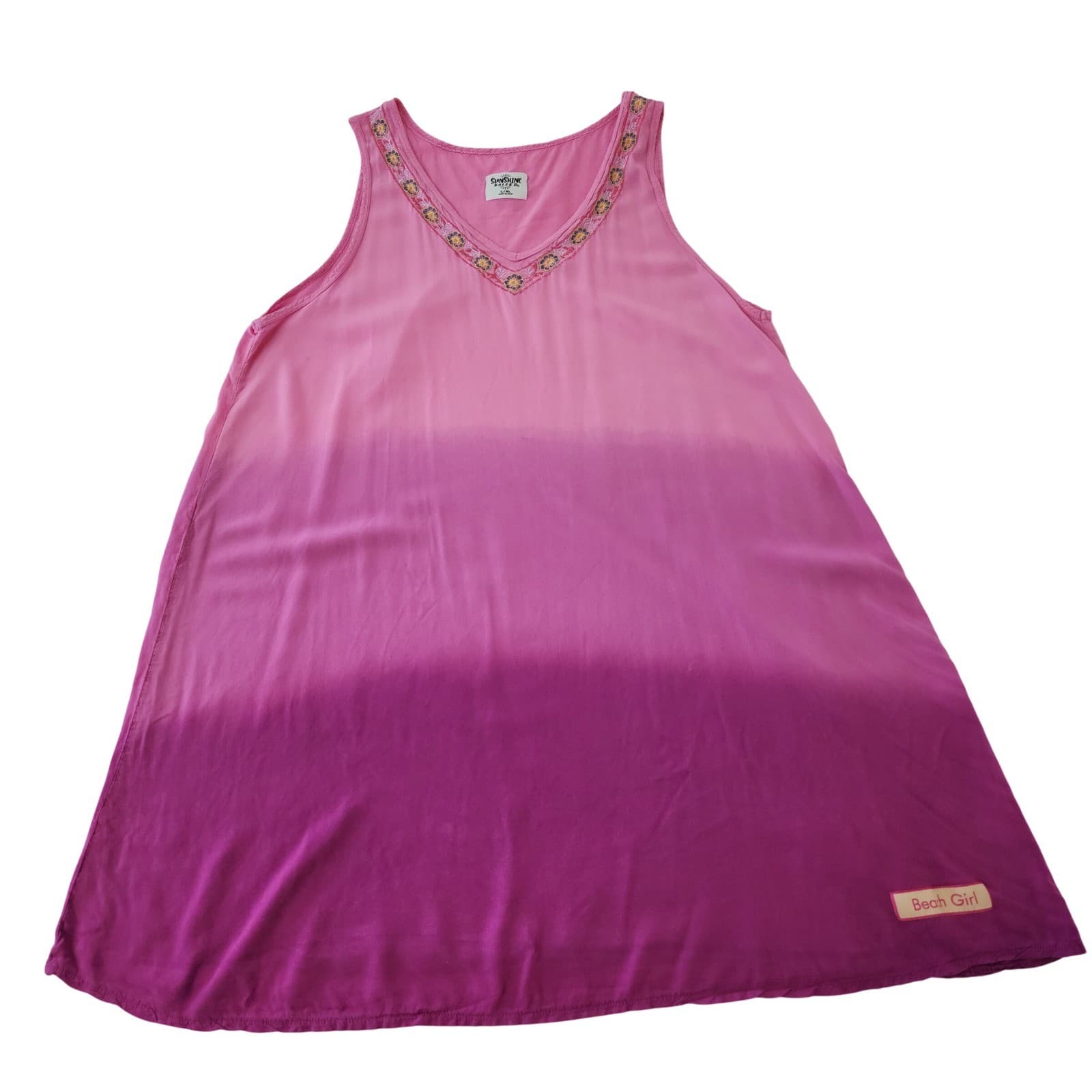 Sunshine Raised Ombre Pink Purple Embroidered V-Neck Tank Dress L/XL Beach Girl