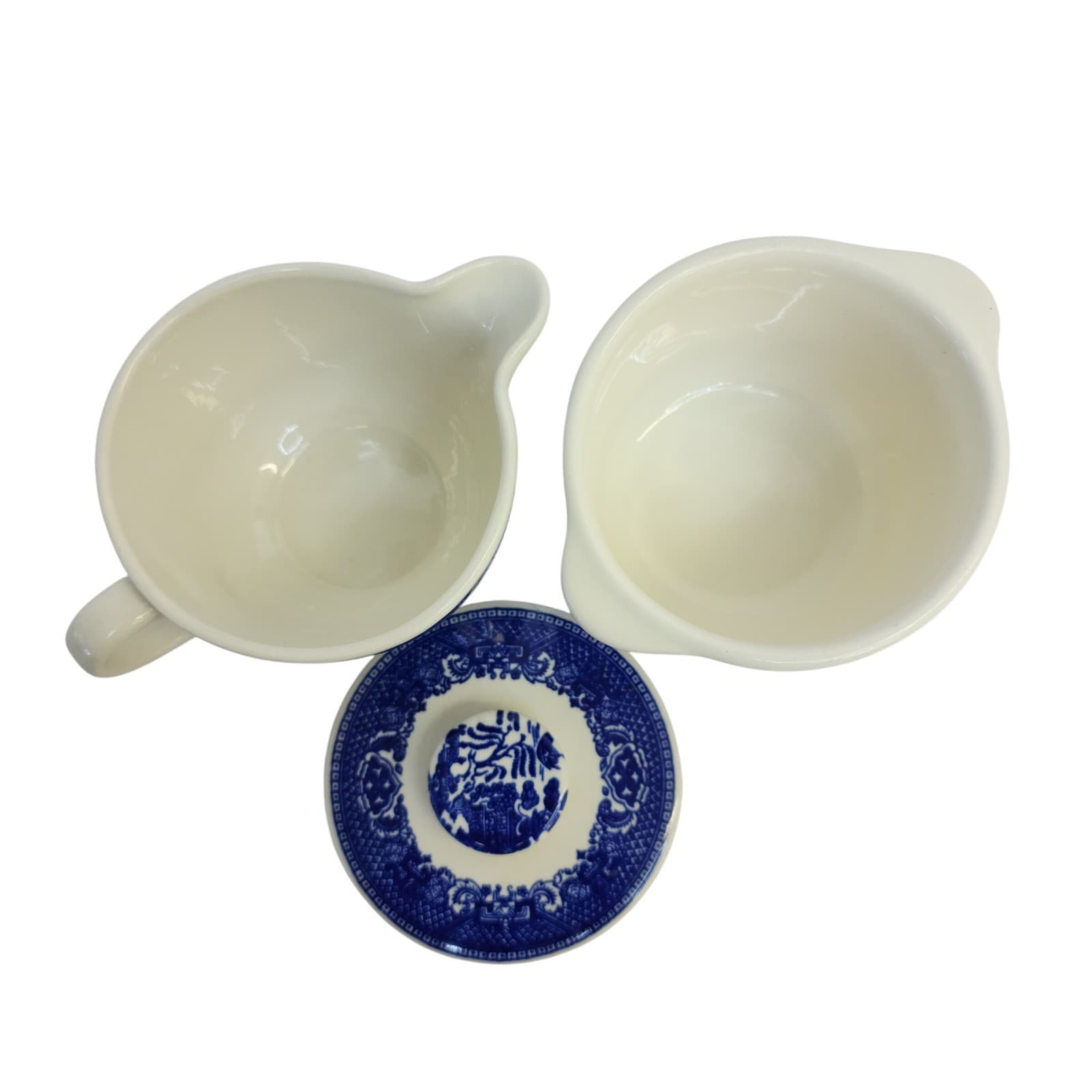 Vintage Blue Willow Creamer and Lidded Sugar Bowl Set Blue White Transferware