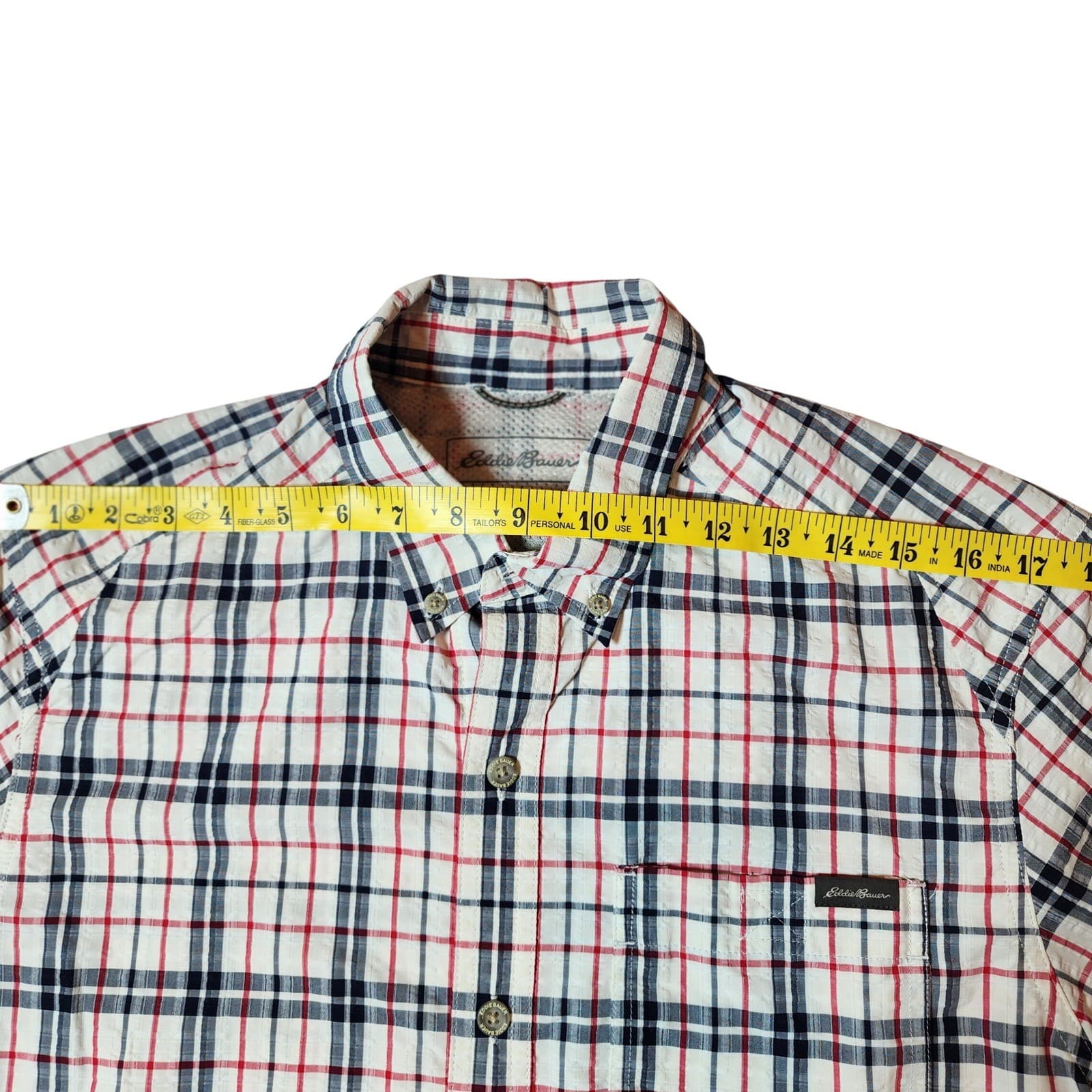 Eddie Bauer Mens M Classic Fit Short Sleeve Plaid Button Down Shirt Navy Red - Thumbnail 5