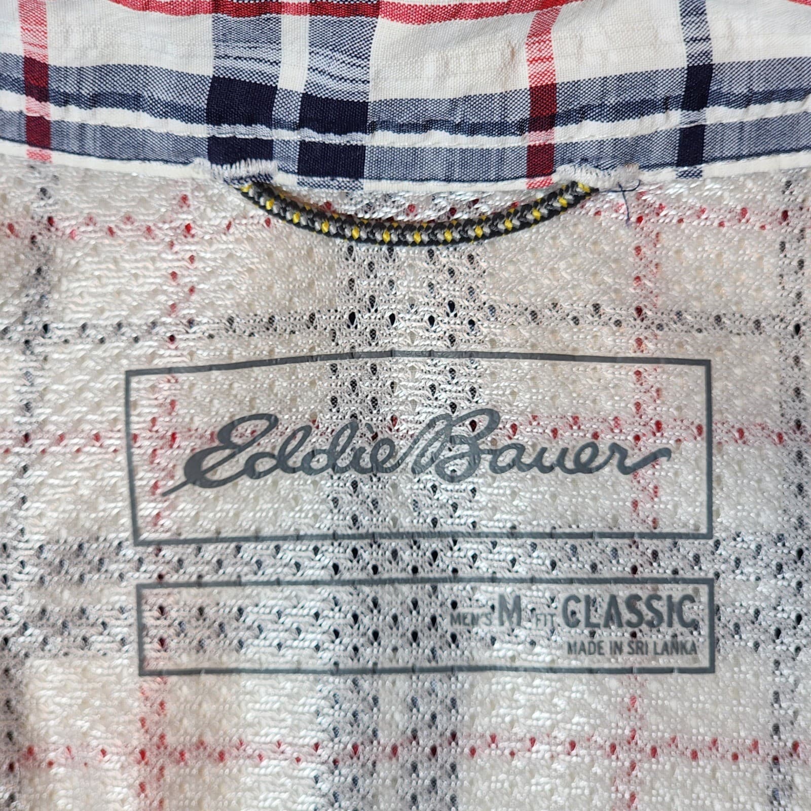 Eddie Bauer Mens M Classic Fit Short Sleeve Plaid Button Down Shirt Navy Red - Thumbnail 3