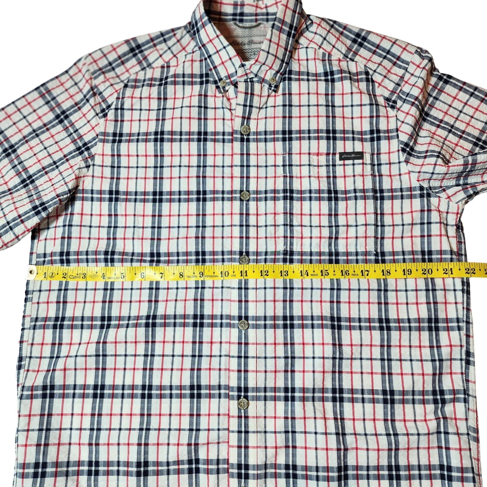 Eddie Bauer Mens M Classic Fit Short Sleeve Plaid Button Down Shirt Navy Red - Thumbnail 6
