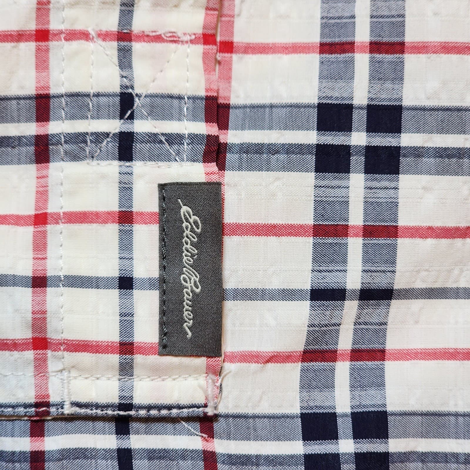 Eddie Bauer Mens M Classic Fit Short Sleeve Plaid Button Down Shirt Navy Red - Thumbnail 4