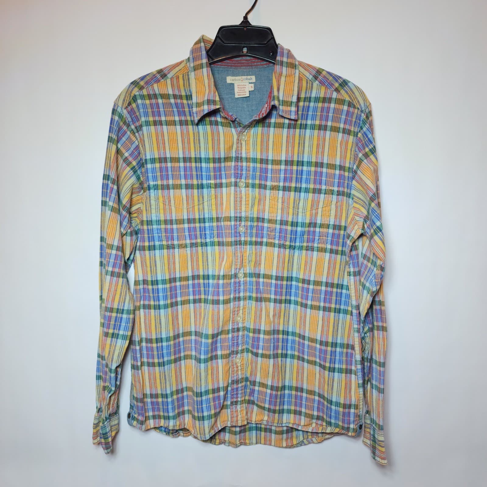 Carbon 2 Cobalt Mens Small Plaid Button Down Shirt Long Sleeve Cotton