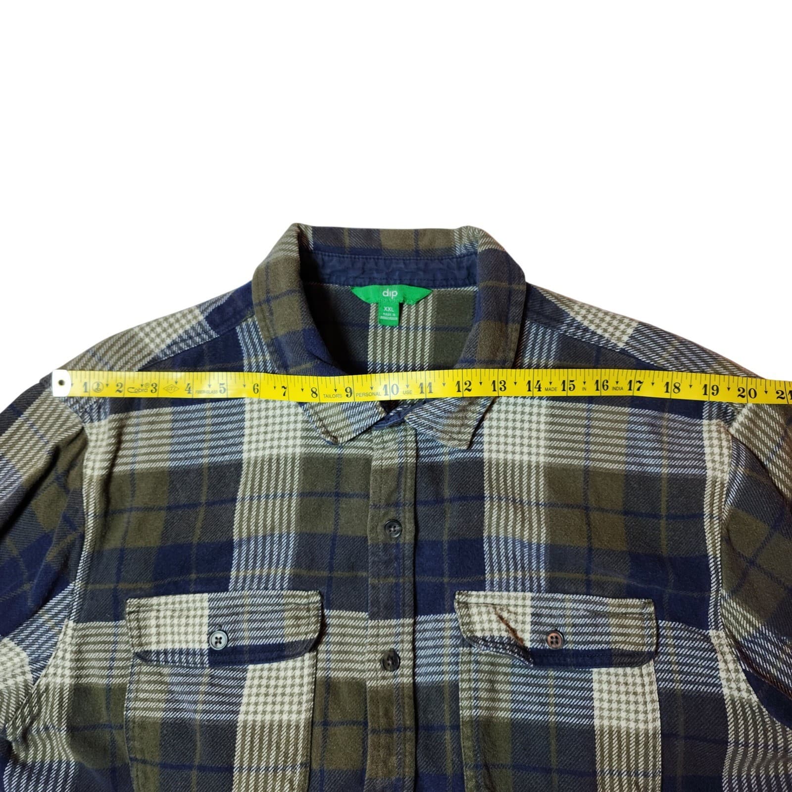 Dip Men's XXL Flannel Shirt Long Sleeve Plaid Button Down Olive Navy Blue - Thumbnail 5