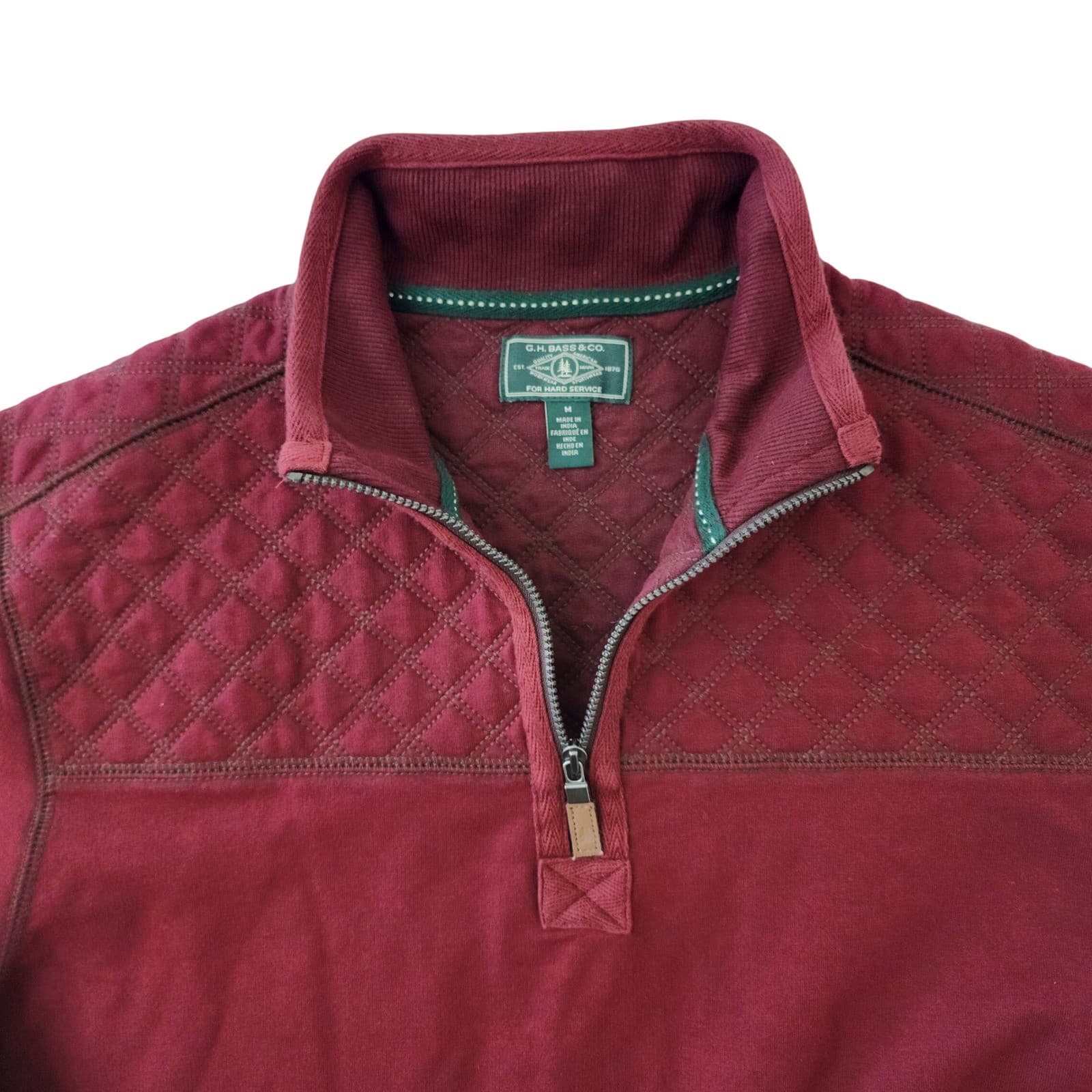 GH Bass Mens Medium Burgundy Quilted Shoulder Quarter Zip Pullover Sweater - Thumbnail 3