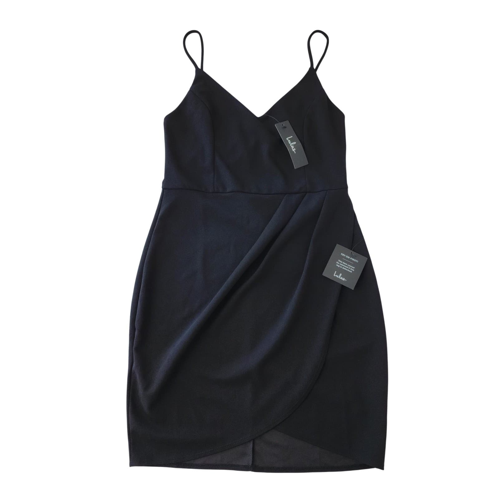 Lulus Reinette Black Wrap Midi Dress Bodycon Cocktail Size L NWT