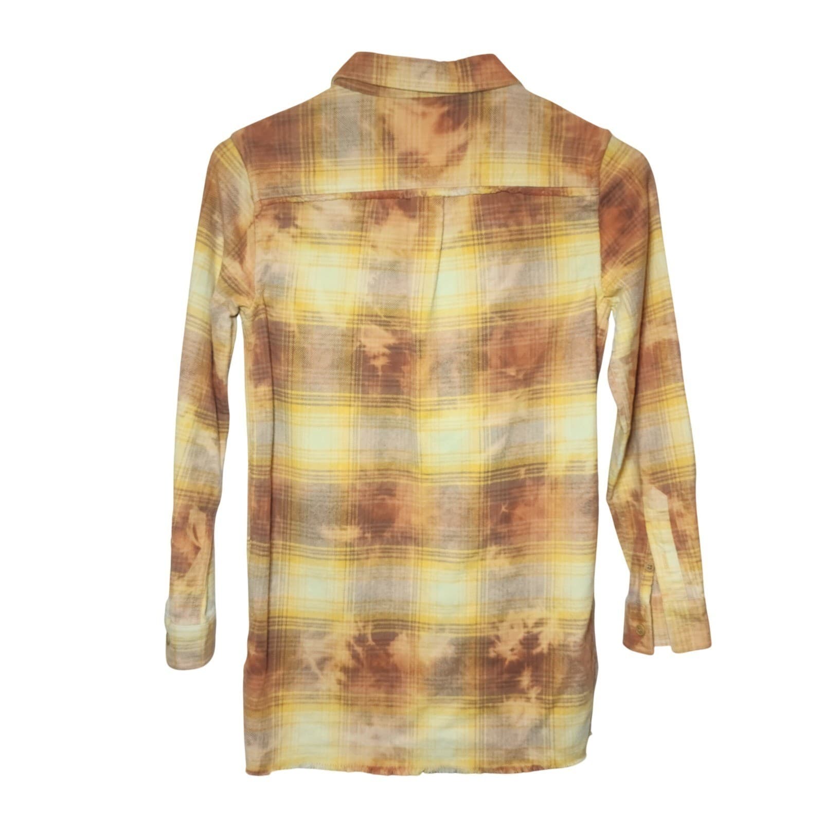 Art Class Yellow Plaid Bleach Wash Long Sleeve Frayed Hem Flannel Shirt M NWT