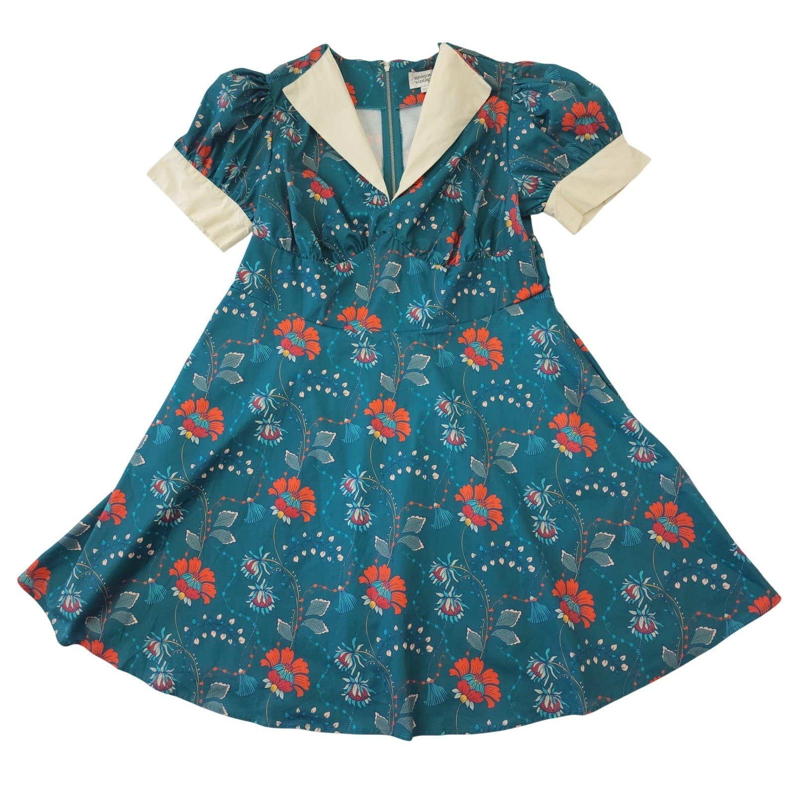 Unique Vintage Teal Floral Retro Fit Flare Swing Dress Cream Collar 1X 16 NWOT