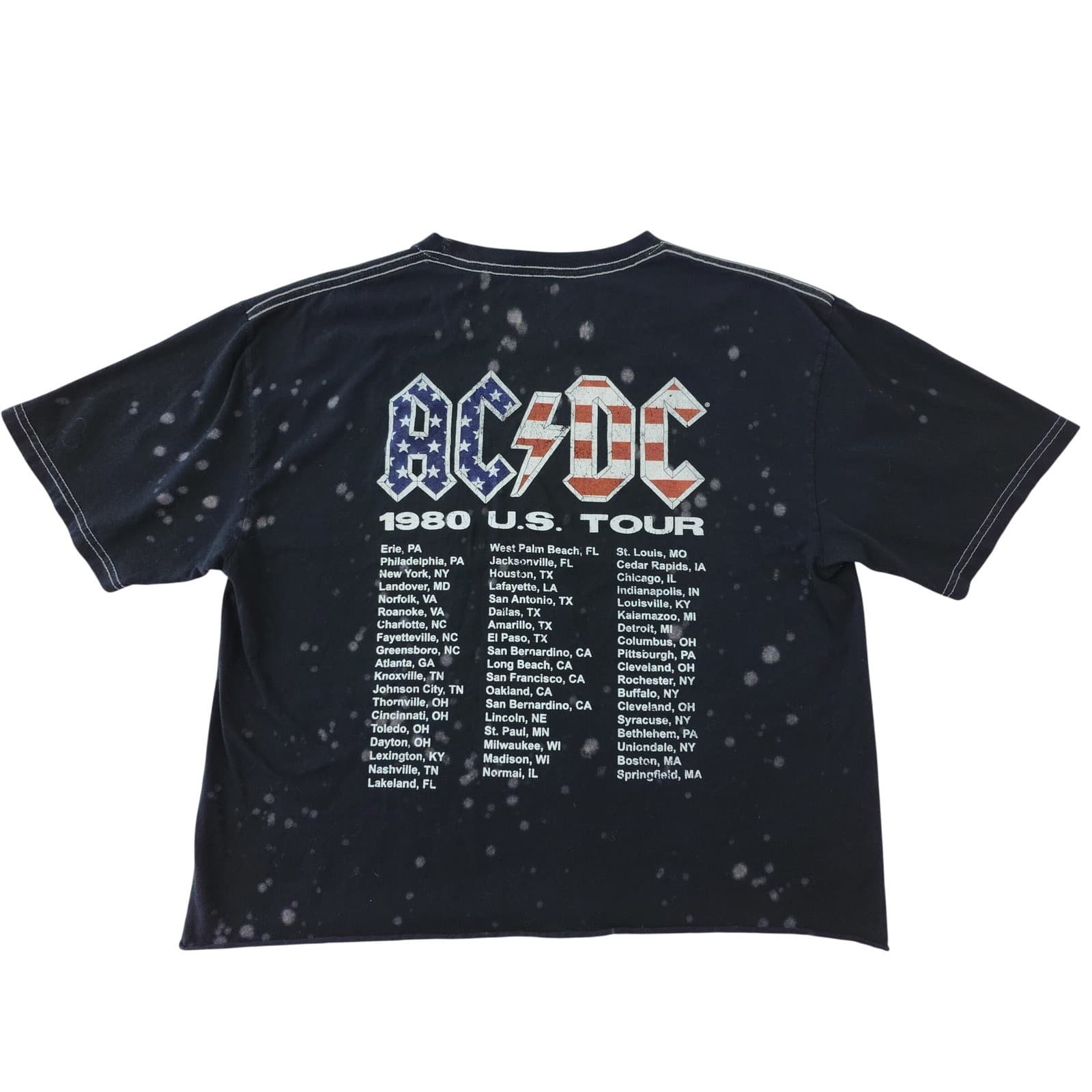 ACDC 1980 US Tour Bleach Splatter Cropped Graphic T-Shirt Black Men's Large
