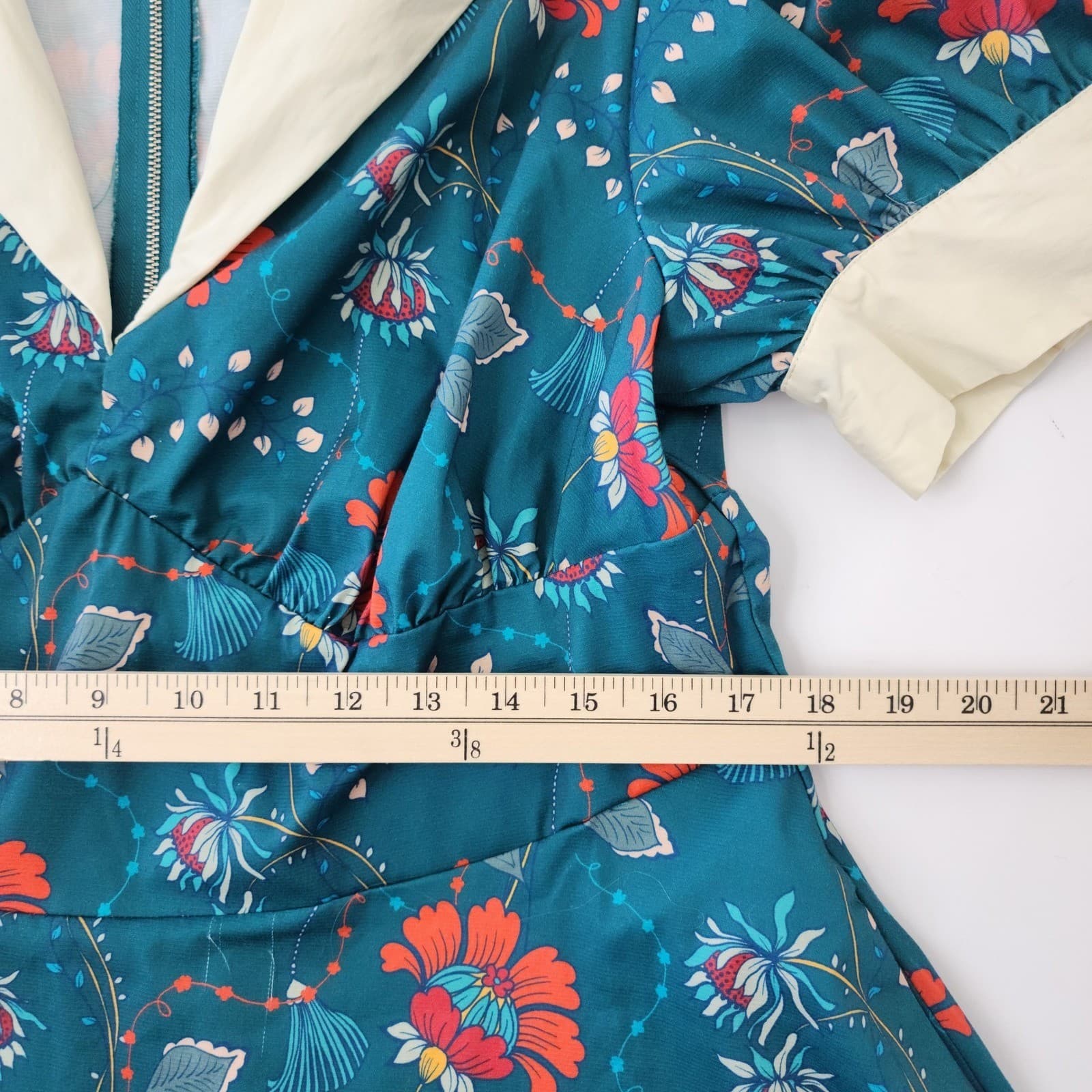 Unique Vintage Teal Floral Retro Fit Flare Swing Dress Cream Collar 1X 16 NWOT - Thumbnail 3