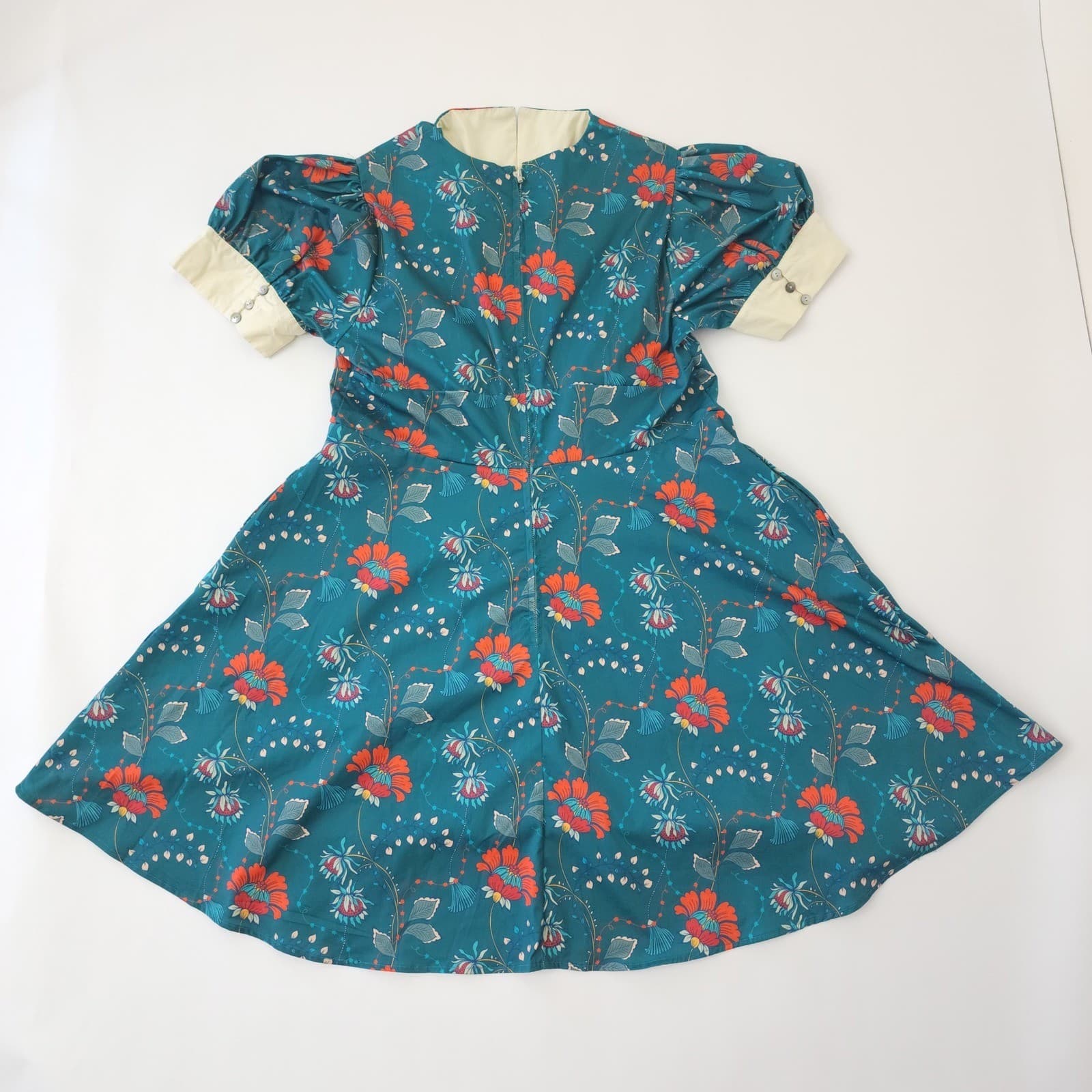 Unique Vintage Teal Floral Retro Fit Flare Swing Dress Cream Collar 1X 16 NWOT - Thumbnail 9