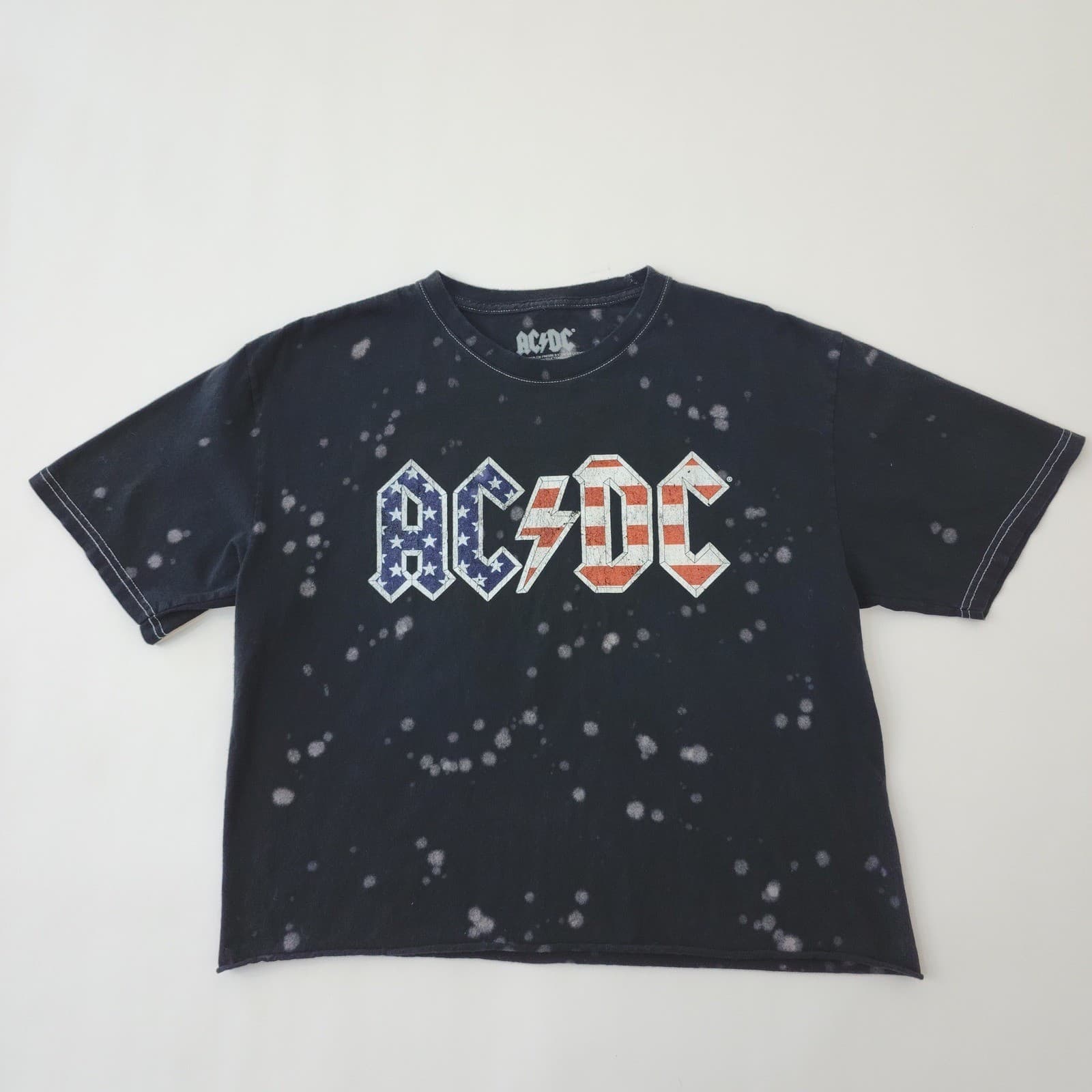 ACDC 1980 US Tour Bleach Splatter Cropped Graphic T-Shirt Black Men's Large - Thumbnail 2
