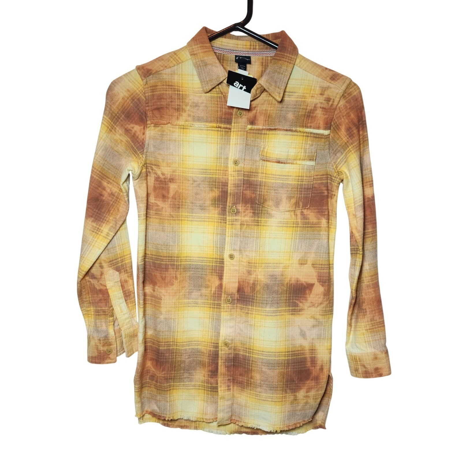 Art Class Yellow Plaid Bleach Wash Long Sleeve Frayed Hem Flannel Shirt M NWT - Thumbnail 2